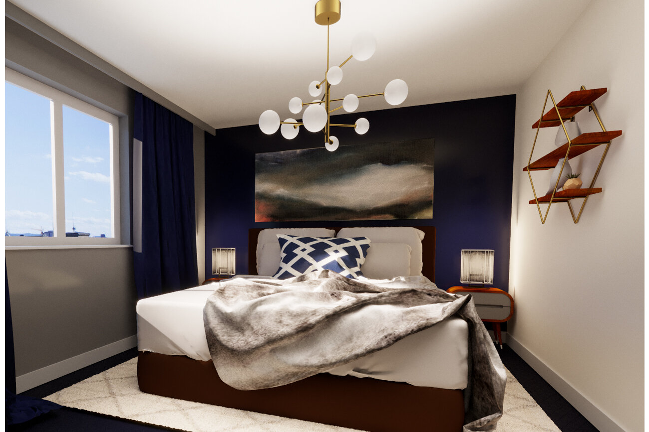 Using dark wall and textures to add depth to bedroom space.