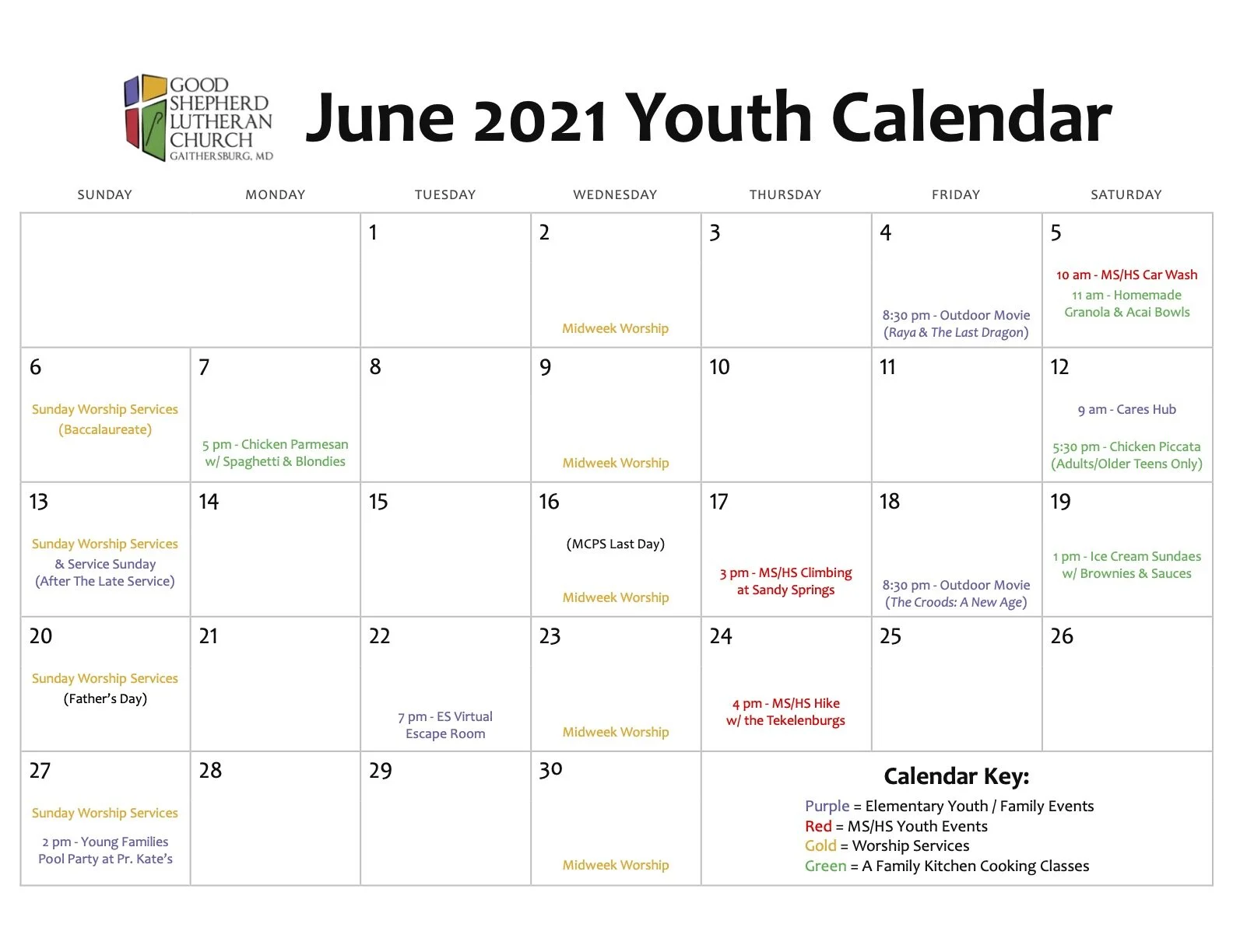 June Youth Calendar Good Shepherd Lutheran Church