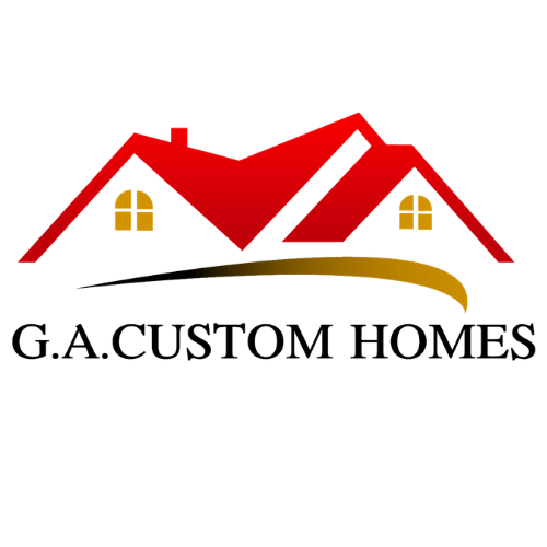 Logo of G.A. Custom Homes featuring a stylized red house with two windows and a gold and black swoosh beneath, with the text 'G.A. Custom Homes'.