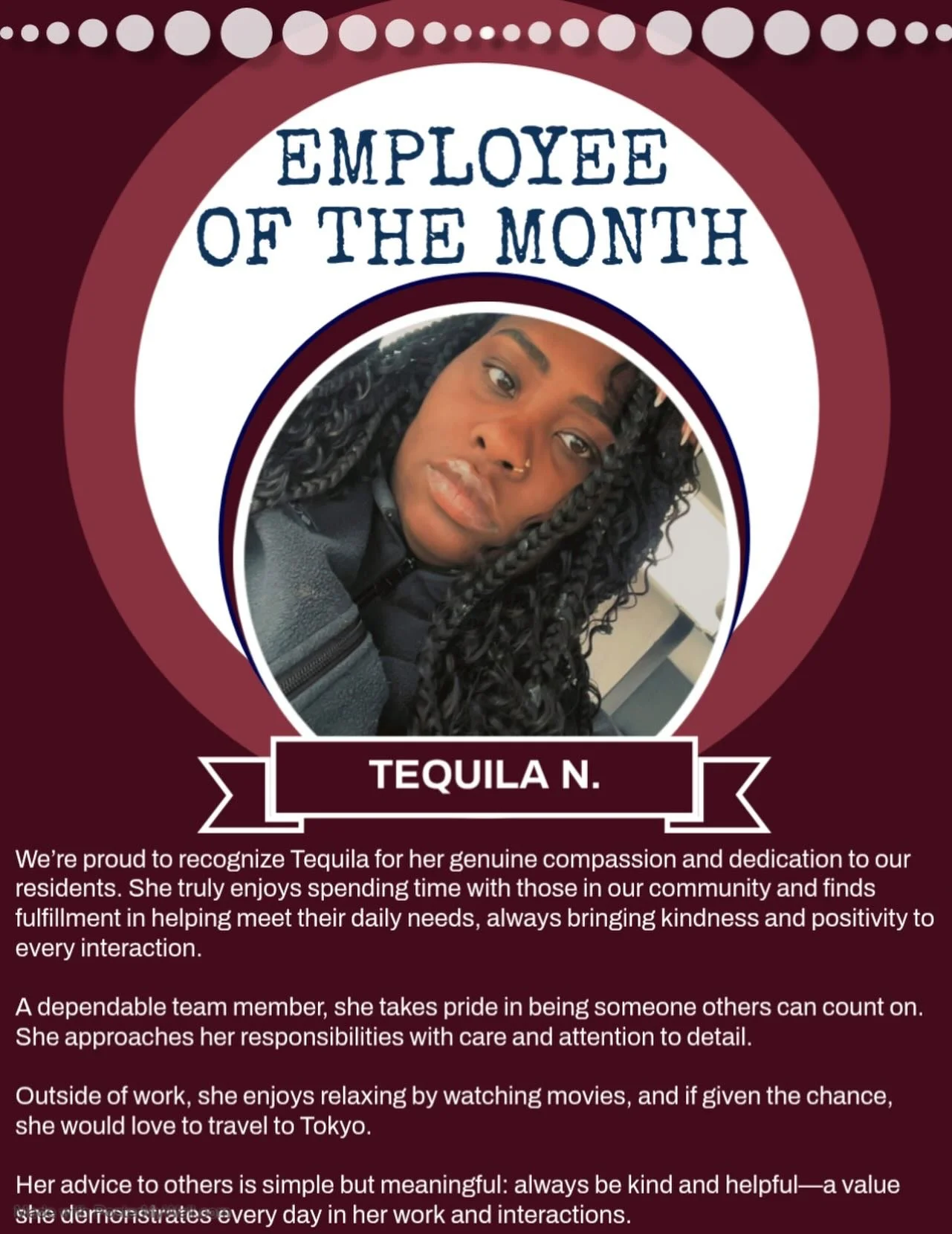 ✨ Celebrating the heart of our community ✨
Congratulations to our Employee of the Month, Tequila! Your compassion, dedication, and kindness make a difference in the lives of our residents every single day. We&rsquo;re so grateful to have you on our t
