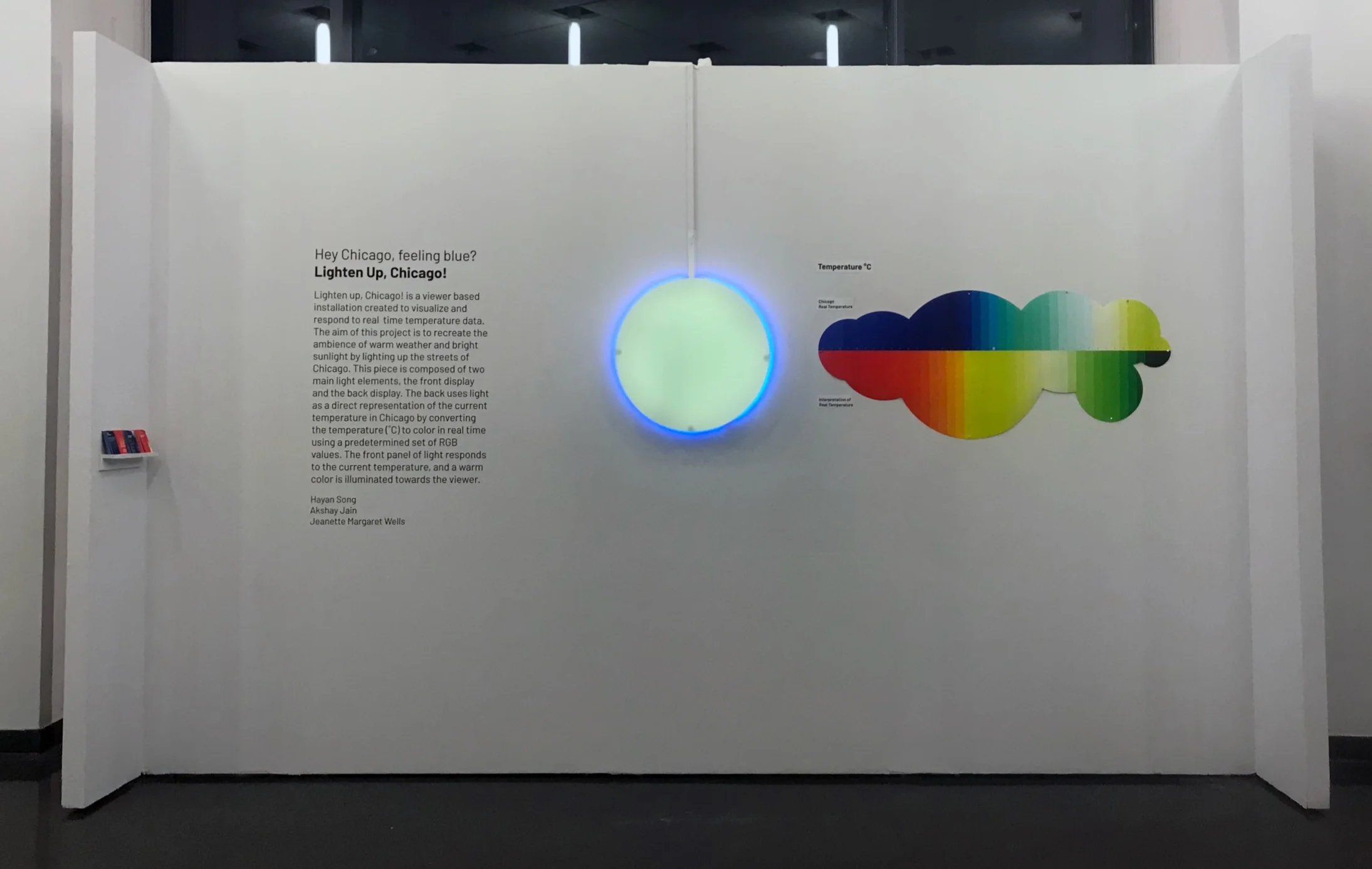 Lighten up, Chicago!, Data Viz Collaborative: Refracting Data, acrylic, LED tubing, Particle Photon, Wiring, ink-jet on paper, vinyl, 9’ X 14’, 2018.