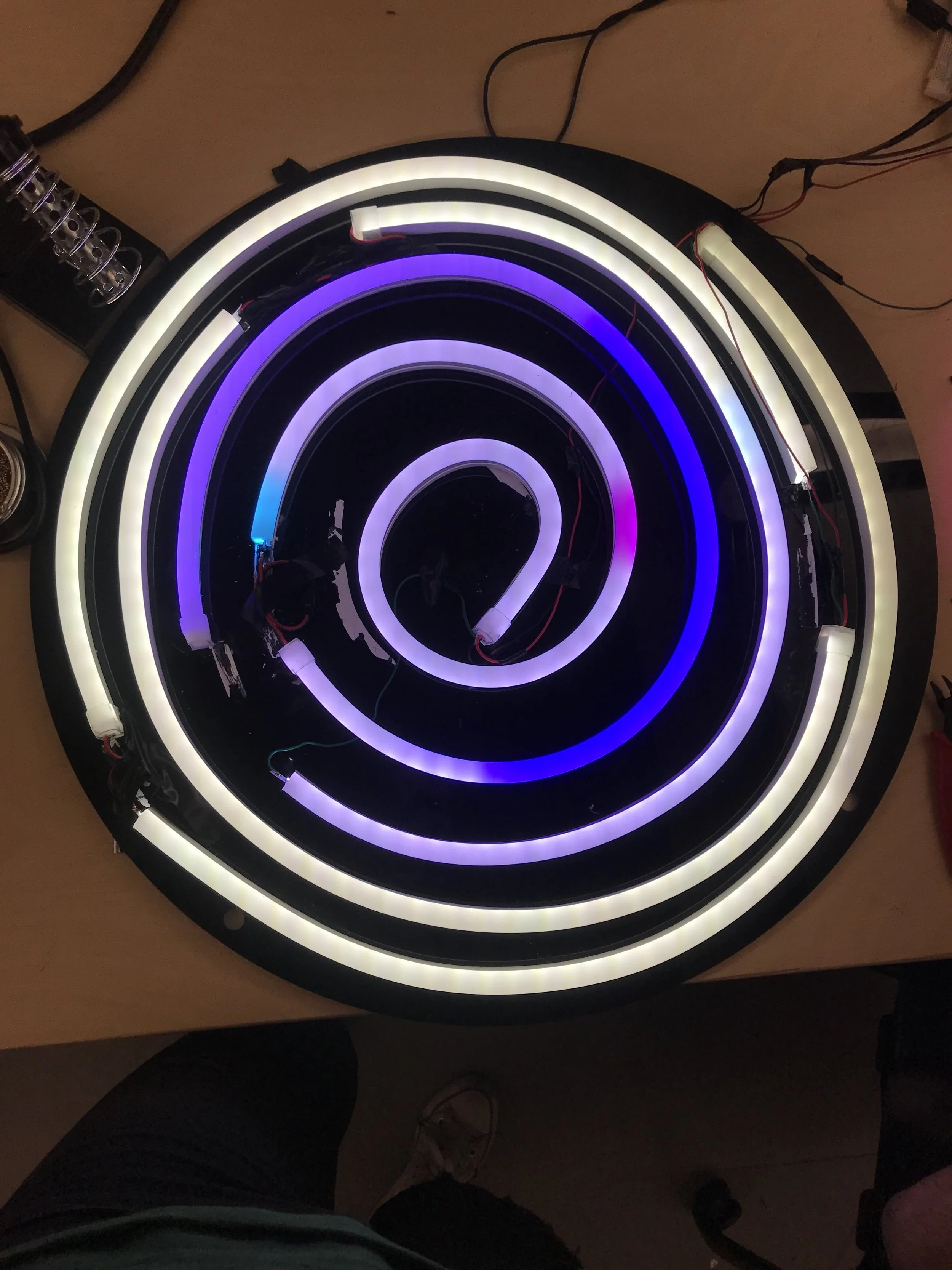  Finished wiring of LED tubes oninterior acrylic piece, first attempt plug in 
