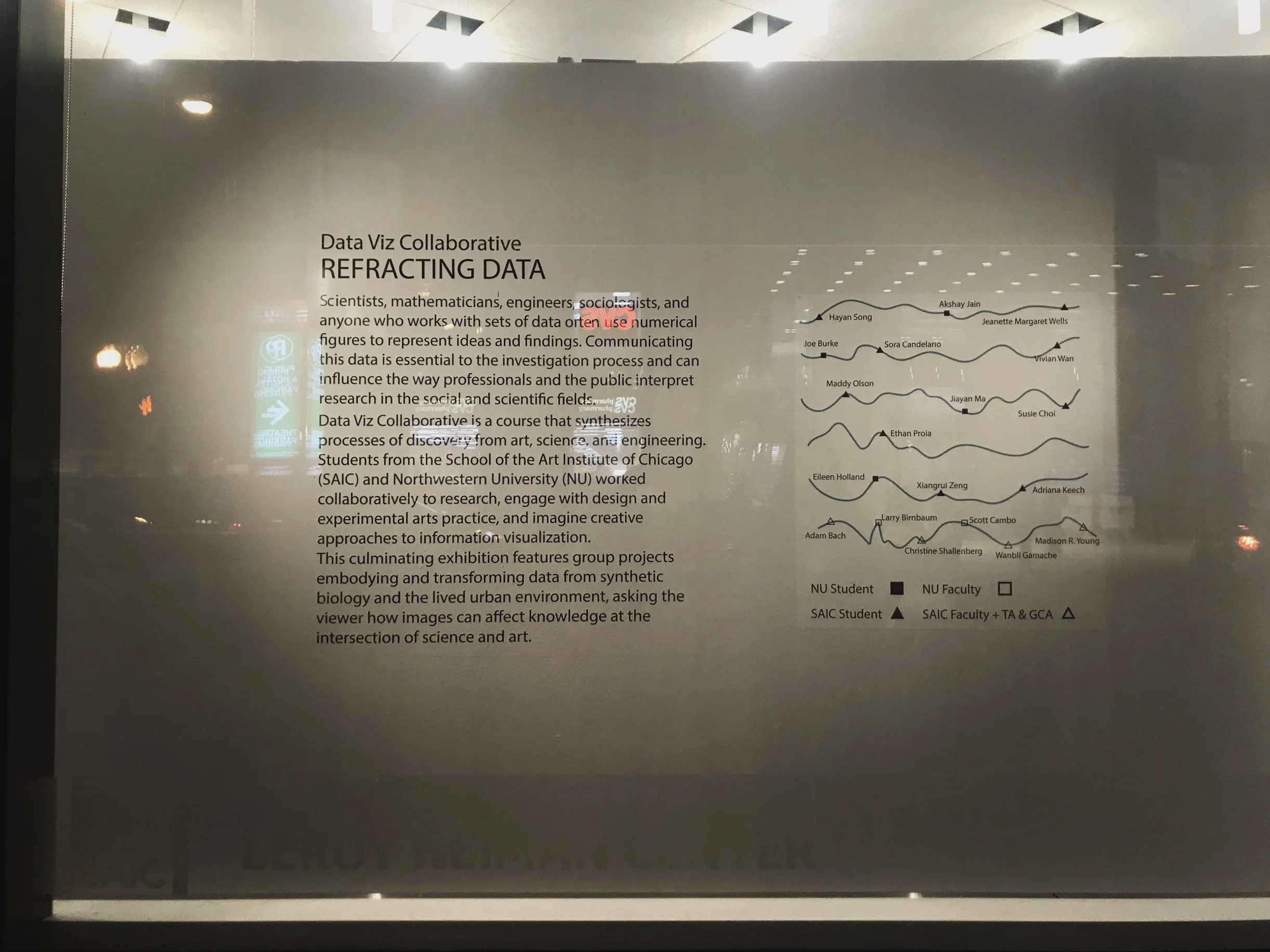 Data Viz Collaborative: SAIC &amp; NU Exhibition promotion from window of Leroy Neiman Center 
