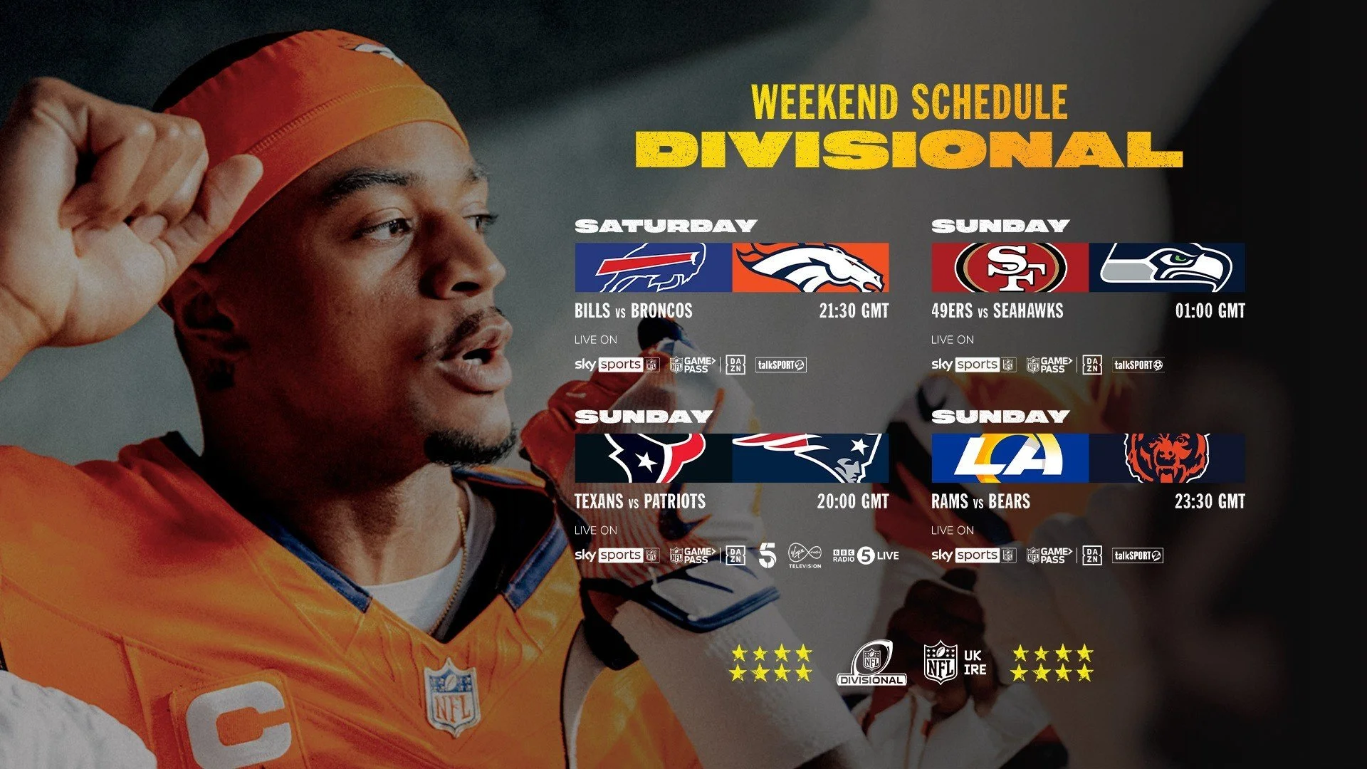 Make sure you don't miss the NFL Divisional Round Playoffs this weekend!