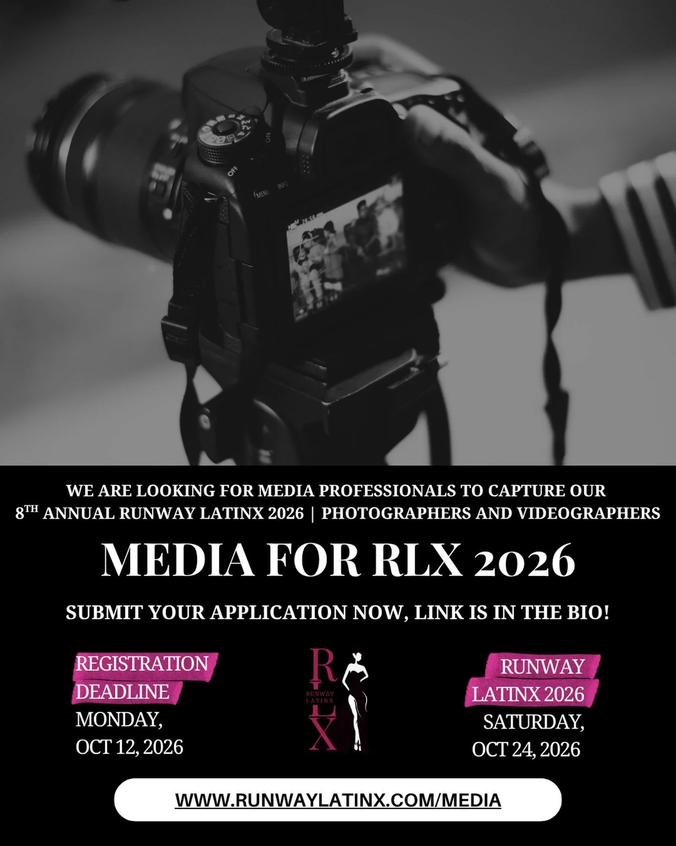 📸 Calling all photographers &amp; videographers! 🎬
Runway LatinX 2026: Glam Reimagined is coming to CineCity Studios on Saturday, October 24, and we want your creative eye there to capture it all. 

Hosted by and benefitting Pivoting in Heels, this