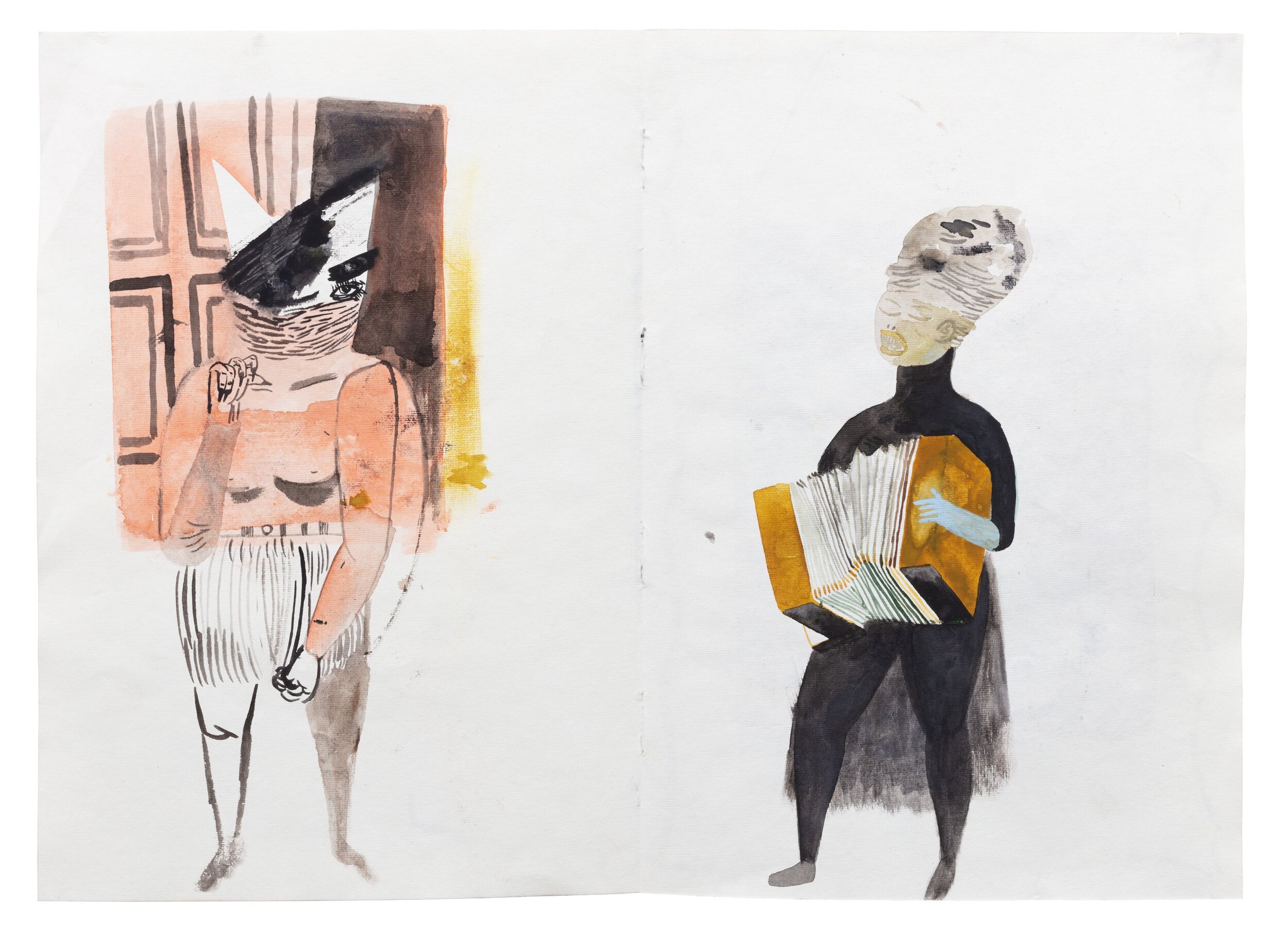 Kenny Rivero, Woman in a Bedroom (L), Accordion Player (Blue Hand) ( R), 2016-2020, watercolor on paper, 11.5 x 16.25 inches, courtesy of the artist and Ch.jpg