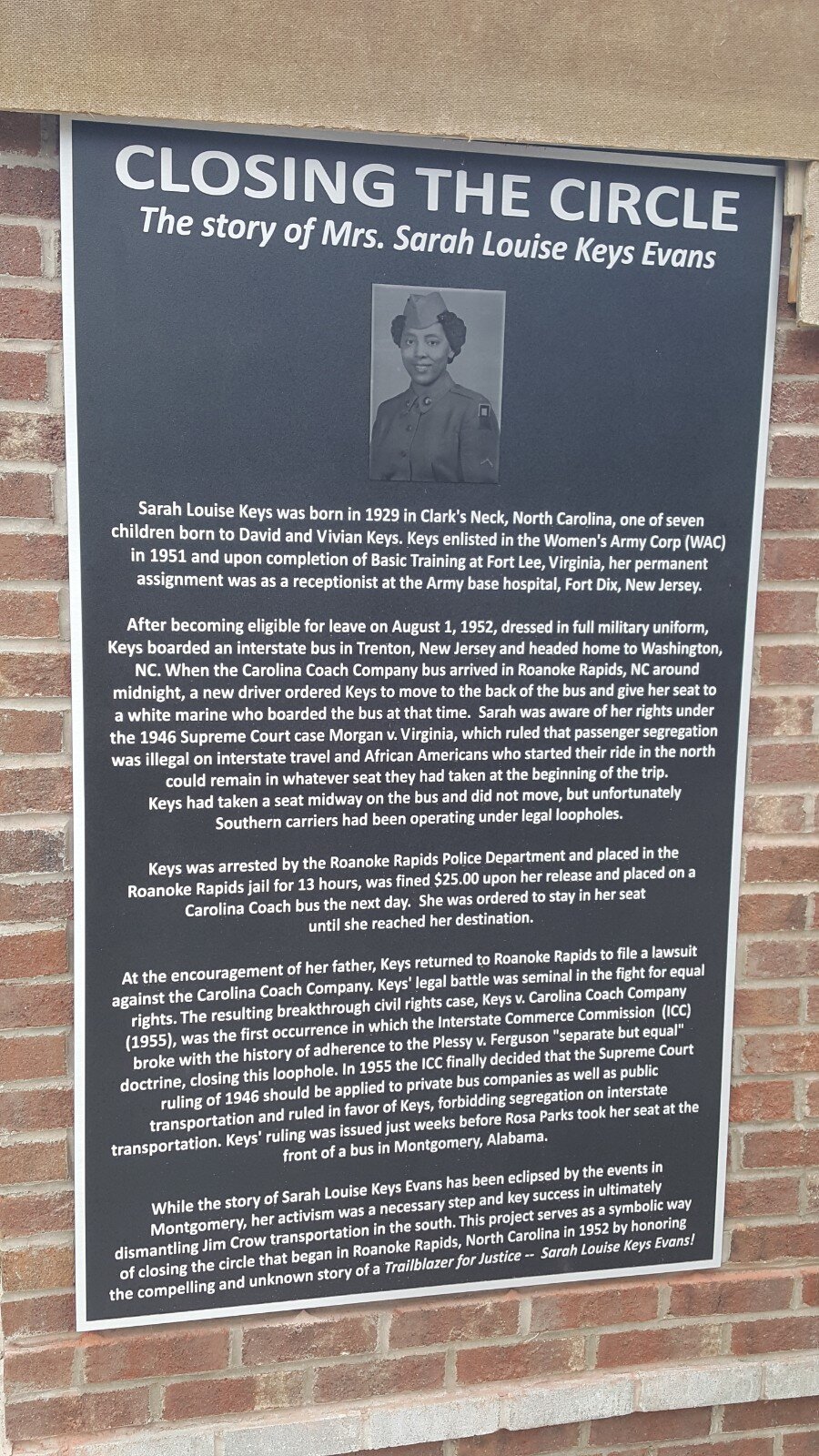  The large plaque, telling the story of Mrs. Sarah Keys Evans.  Photo courtesy of Dr. Ervin Griffin  