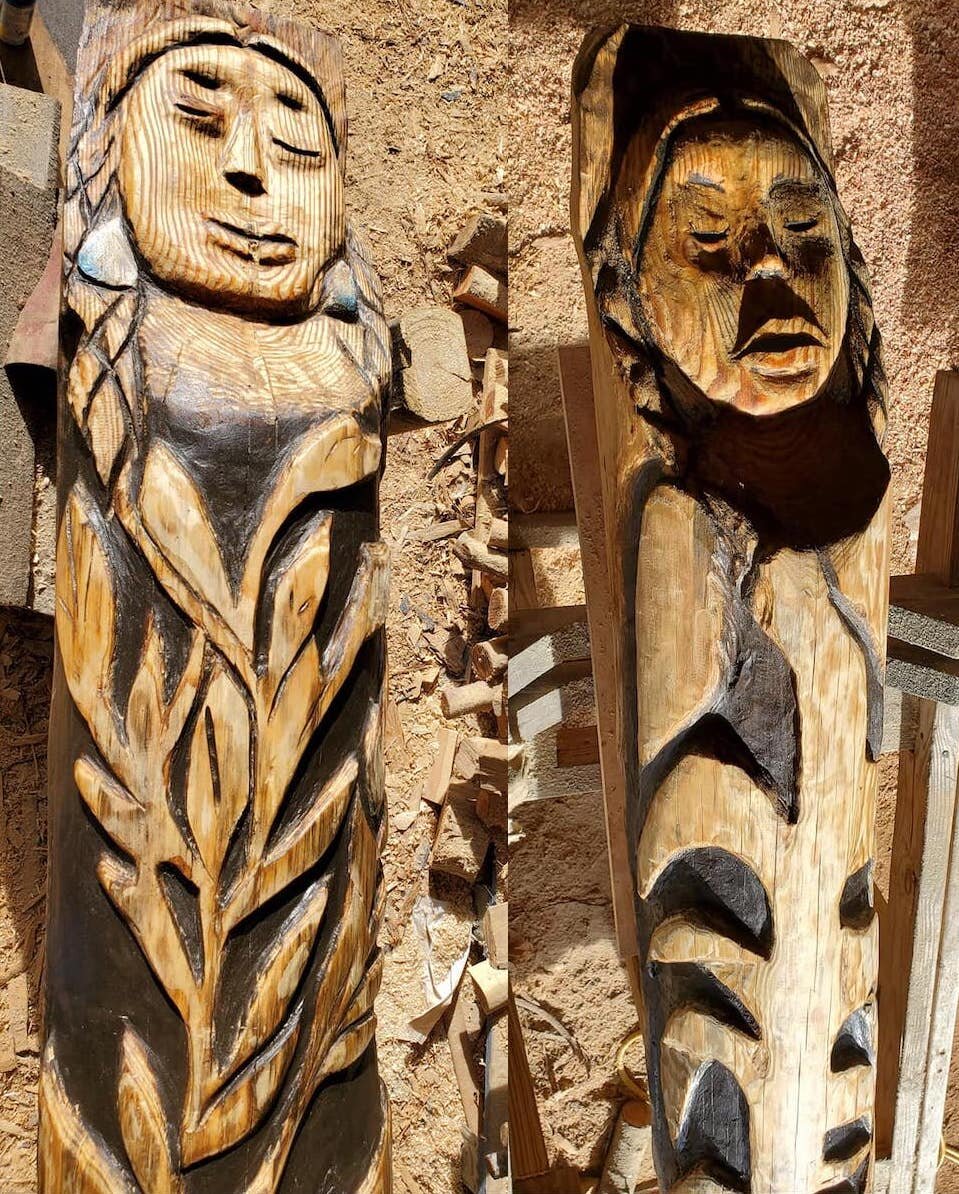  In acknowledgement of the importance of women as Haliwa-Saponi culture keepers, both carvings for the multipurpose building are of female figures depicted with the sacred plants, corn, beans and squash.  Photos courtesy of Karen Harley  