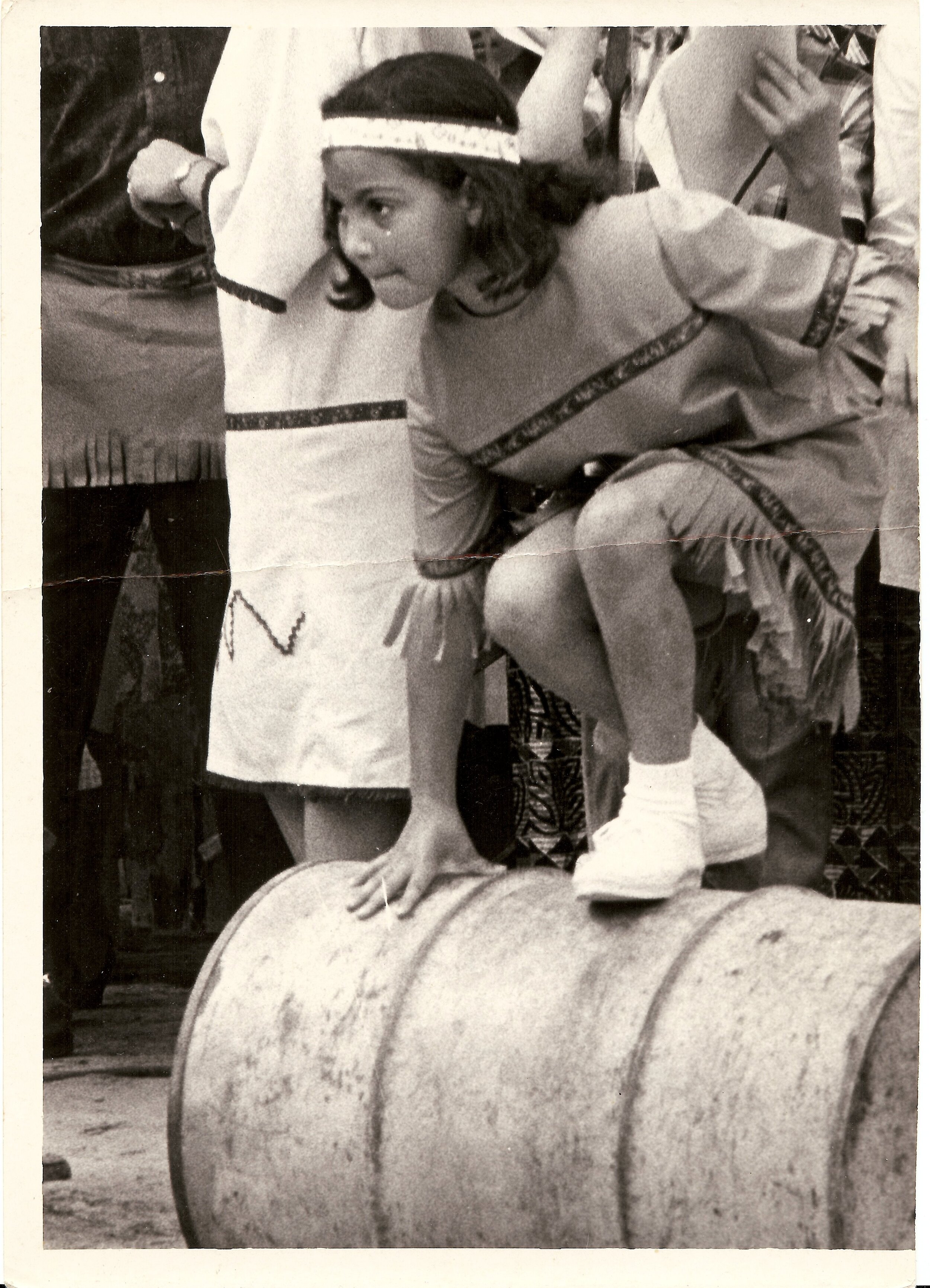  Historical images are synthesized in the composition to tell the story of the Haliwa-Saponi People. Here Wanda Richardson is walking the barrel c. 1966.  Photo courtesy of the Haliwa-Saponi Tribe  