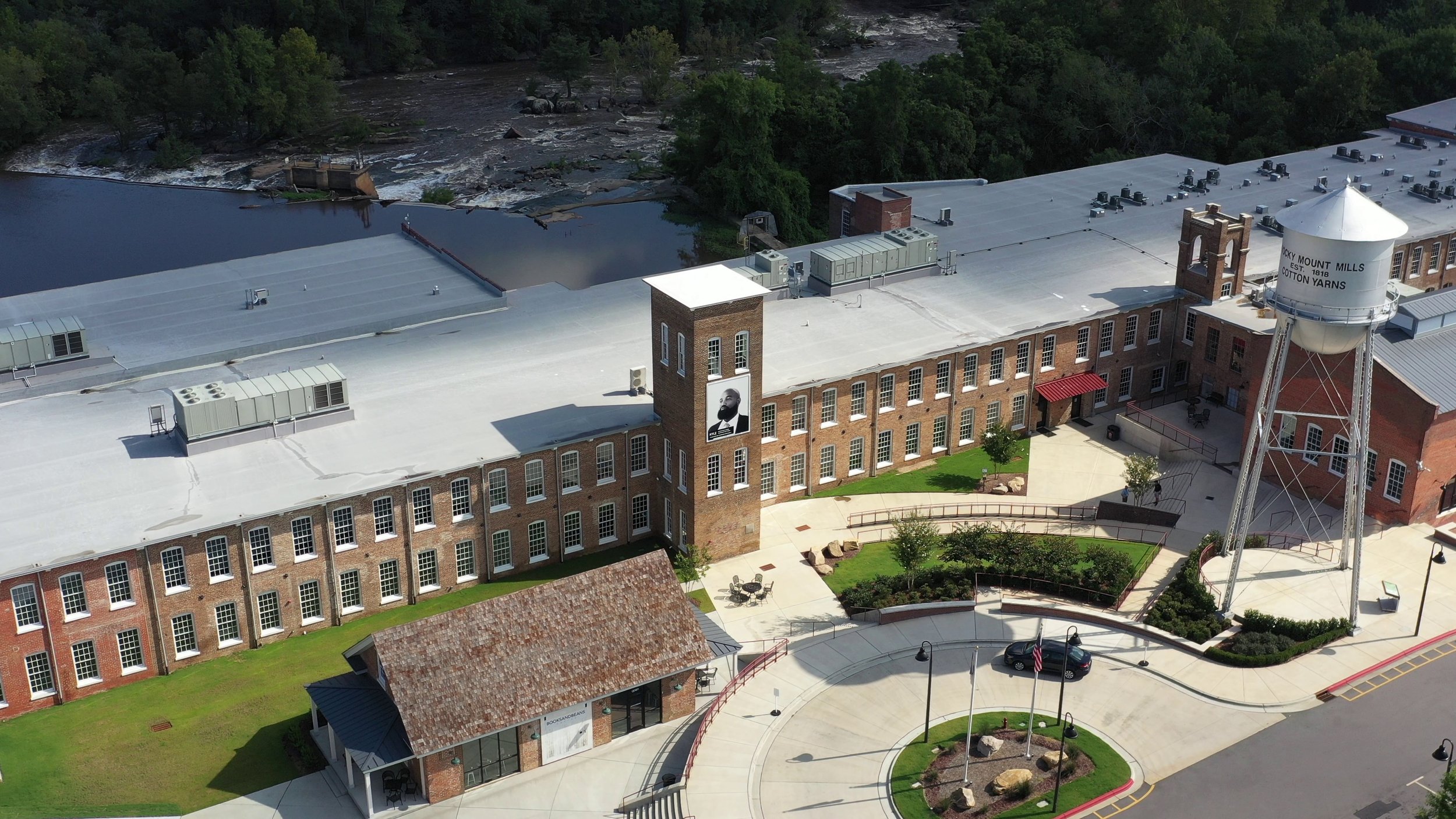  This drone shot captures the majesty of the banner portraits. Featured here is Kyle Johnson at Rocky Mount Mills.  Photo courtesy of Jonathan Duran  