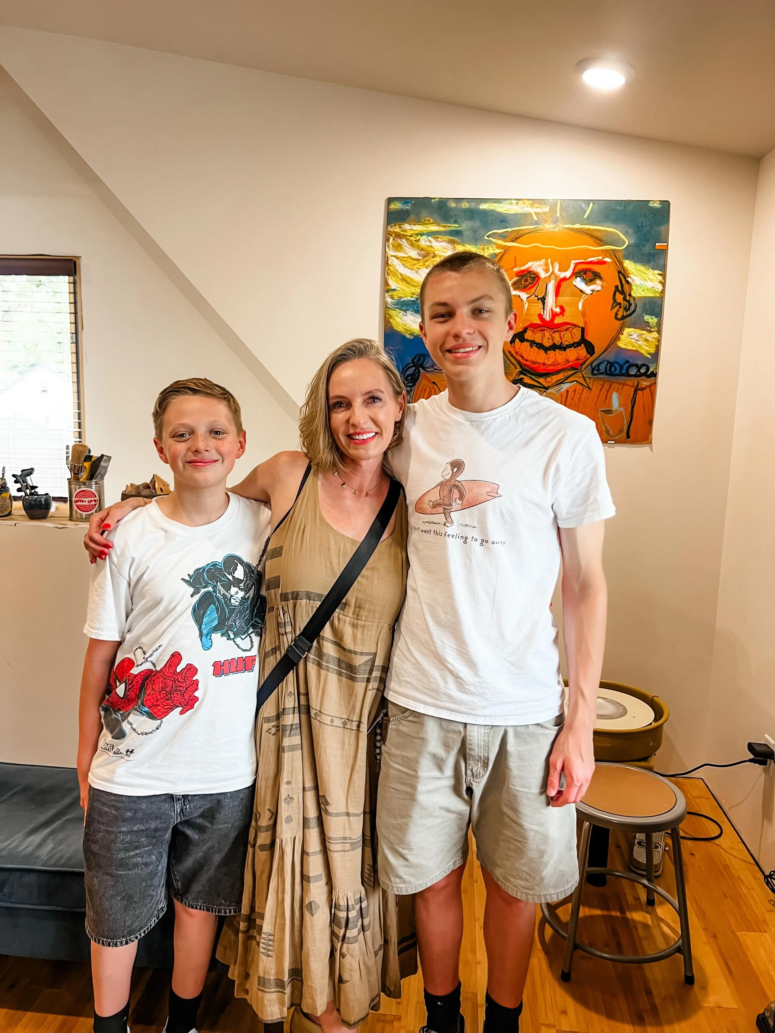 It&rsquo;s not often I get both my boys all to myself, but tonight we celebrated the opening of my beloved friend @marina_karassellos_sculptor &lsquo;s new pottery studio together, and my heart is so full!!