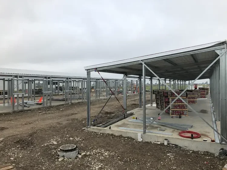 Steel framing and roofing taking shape during construction of the Storage4Less Rolleston units.