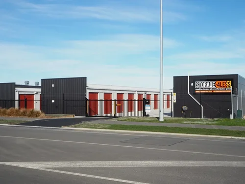 Storage4Less Rolleston facility at 127 Iport Drive, showing the entrance gate and drive-up storage units.