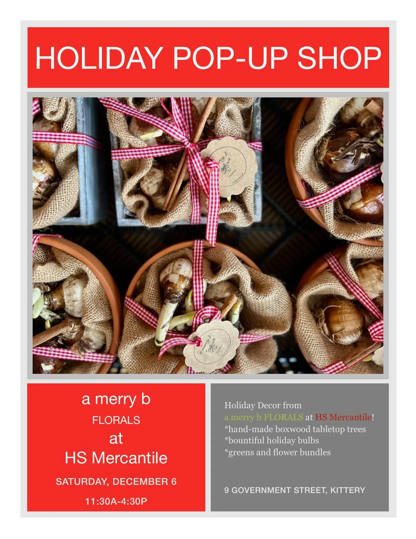 Holiday Pop-up at @hsmercantile 
Saturday, December 6, 2025
11:30 AM 4:30 PM
 
@amerryb will be at HS Mercantile with a big load of holiday decor to help you deck your halls , fill your gift baskets and get in the spirit!
* Holly from @hsmercantile i
