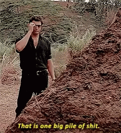 Jurassic Park character Ian Malcom removes sunglasses as he stands before a pile of dinosaur dung, announcing ‘That is one big pile of shit.’