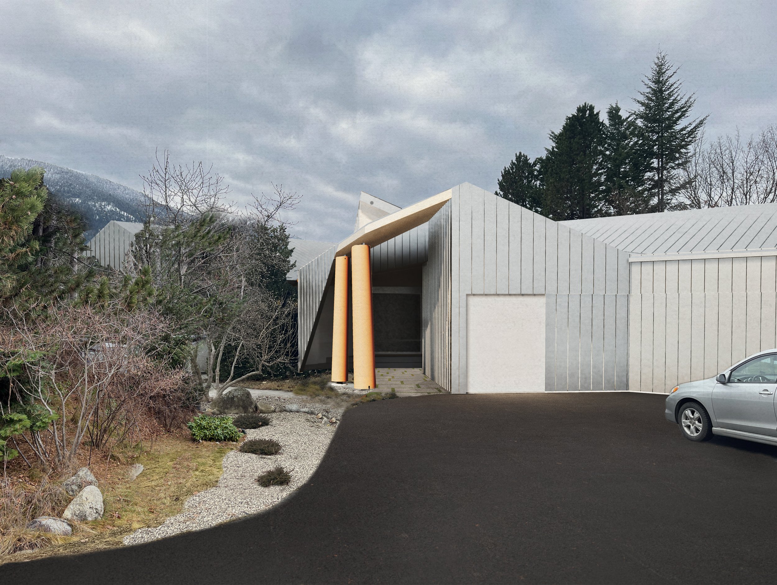 Modern building with angular architecture, large orange columns, surrounded by trees and mountains, with a silver car parked nearby.