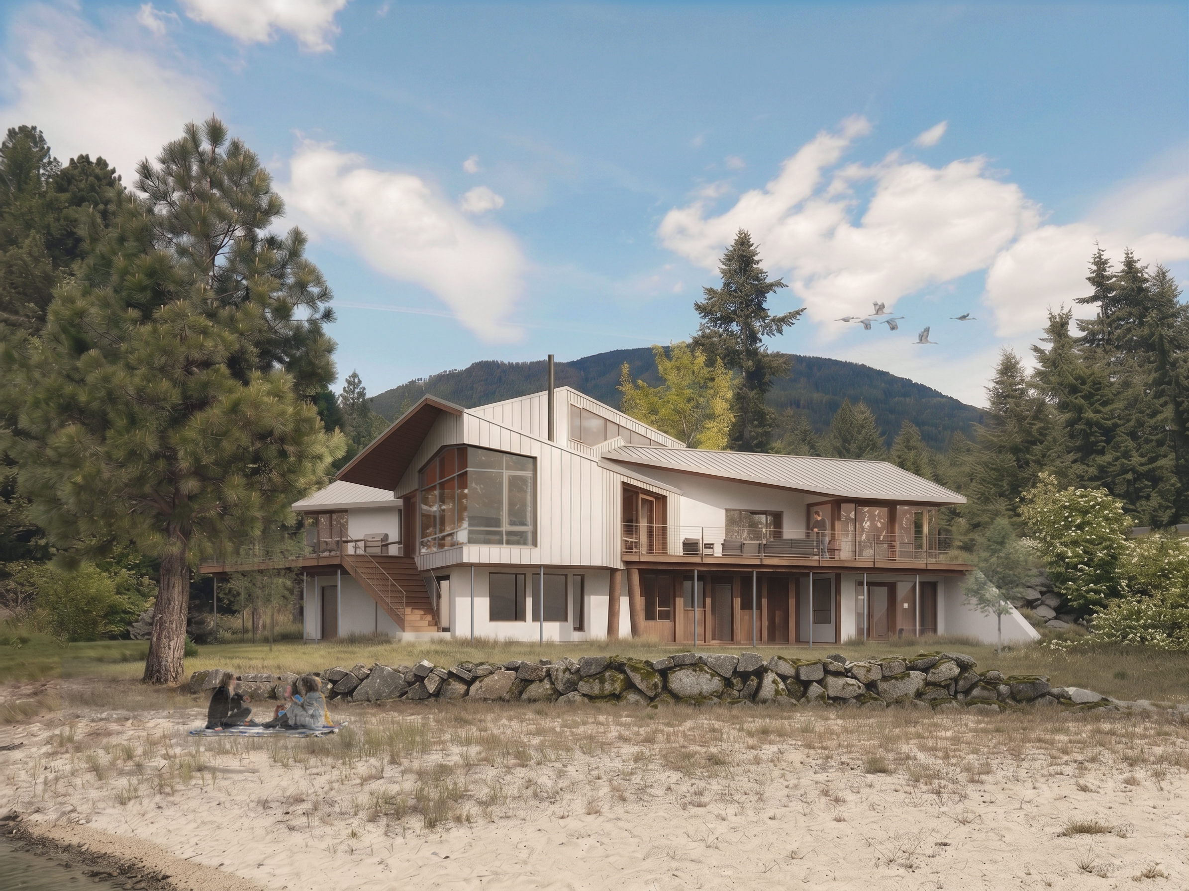 A modern house situated in a natural landscape with trees, mountains, and a blue sky with clouds. There are seagulls flying in the sky and people sitting on a blanket on the sandy ground near a stone wall.