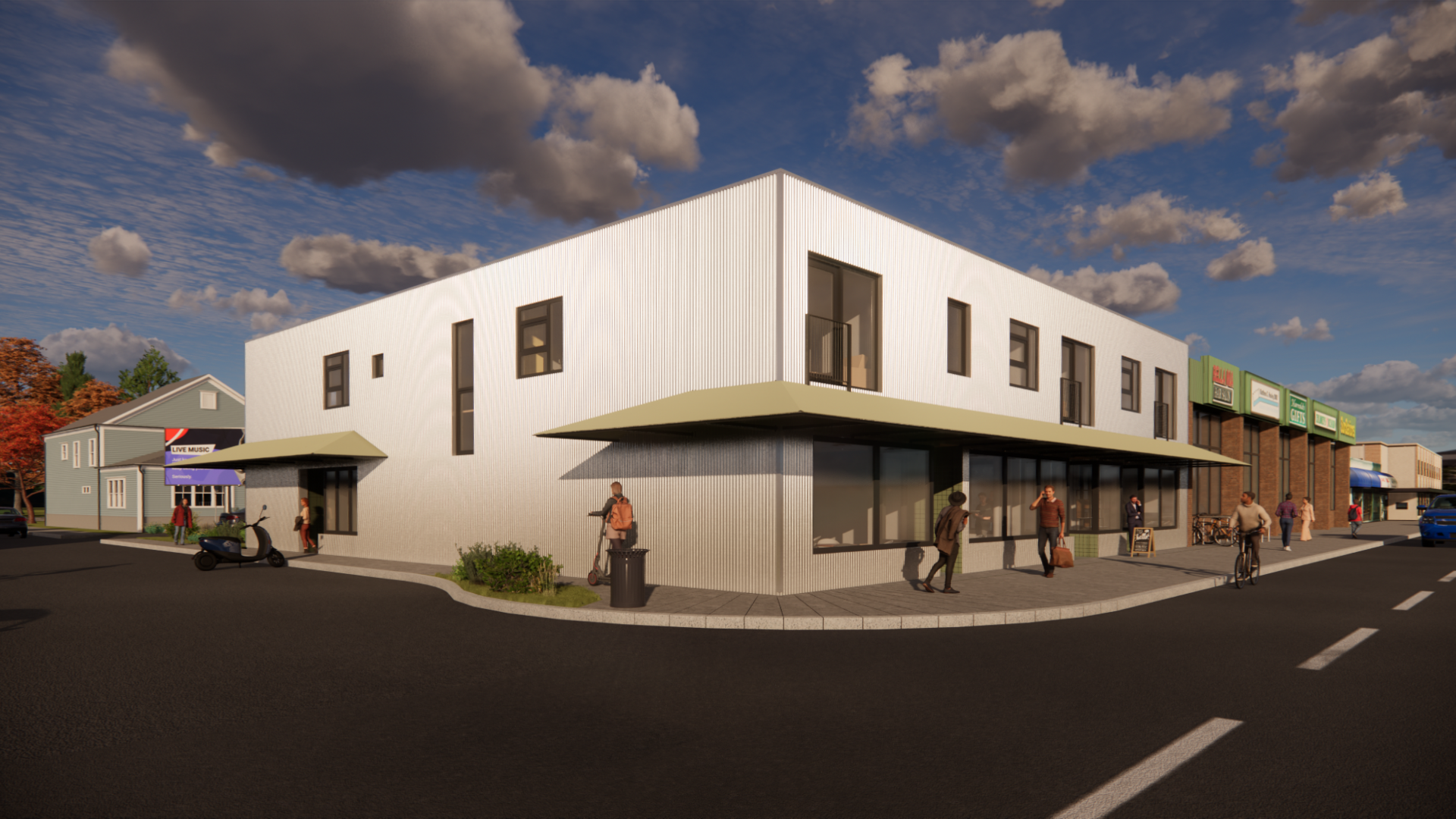 Rendering of a modern two-story commercial building with retail stores on the ground floor, featuring large windows and sidewalk seating. A parking lot with pedestrians, cyclists, and a scooter is visible, under a partly cloudy sky.