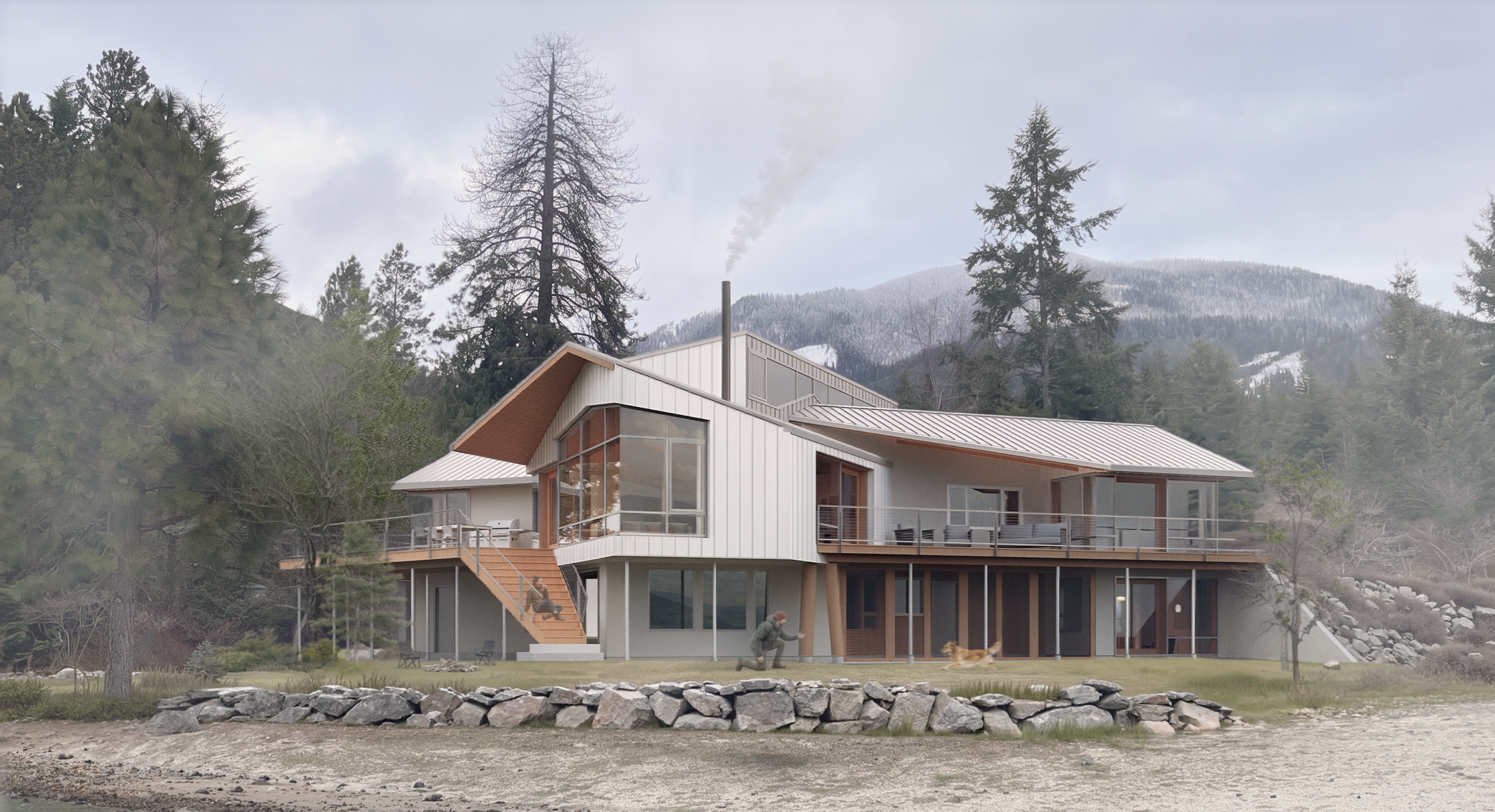 Modern house with large windows and outdoor deck, situated in a wooded mountain area with trees and snow-capped peaks in the background, and people walking dogs in the yard.