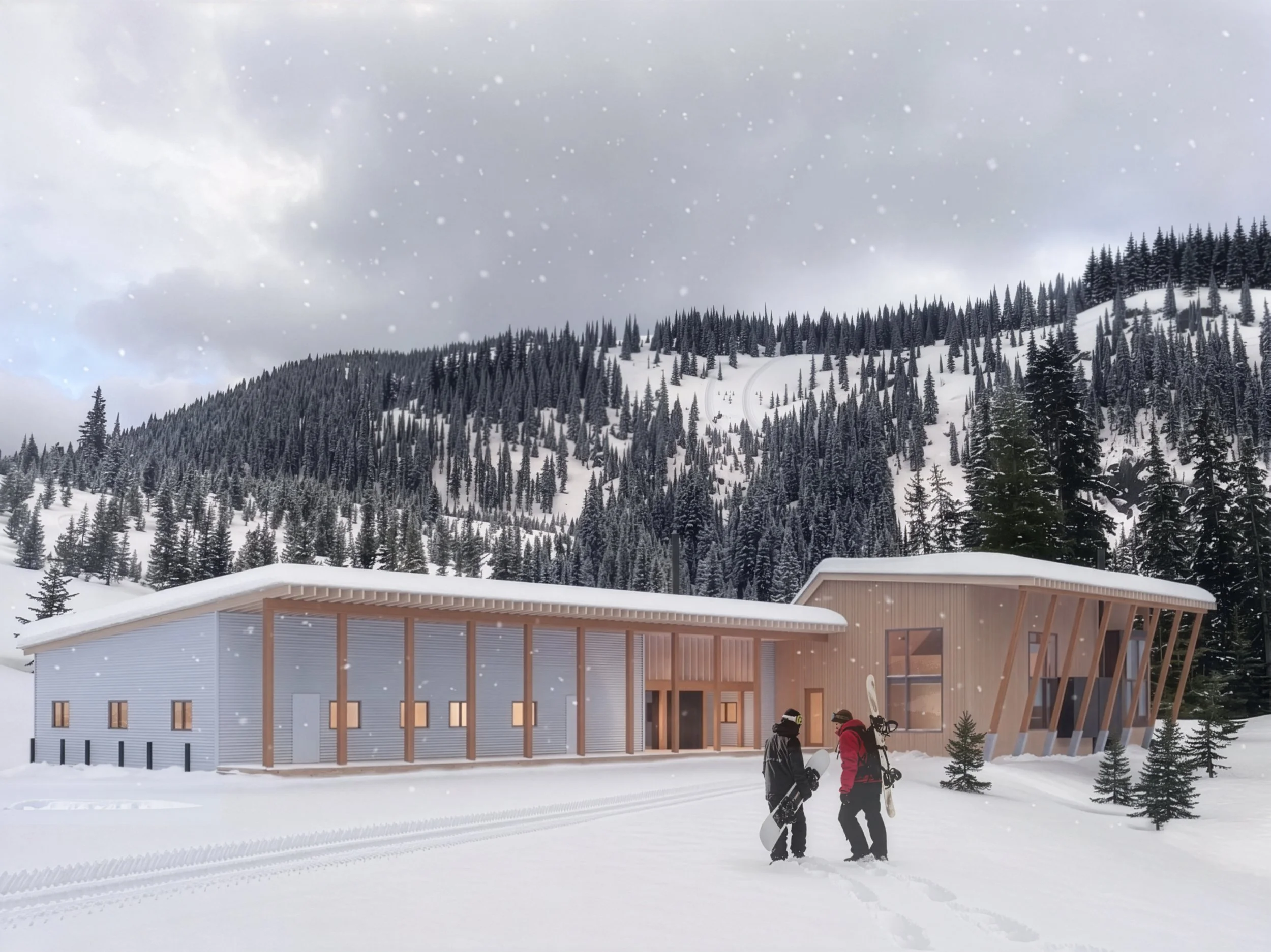 Modern building with large windows and wooden accents in a snowy landscape, two skiers walking in front, pine trees and a mountain in the background, overcast sky with falling snow.