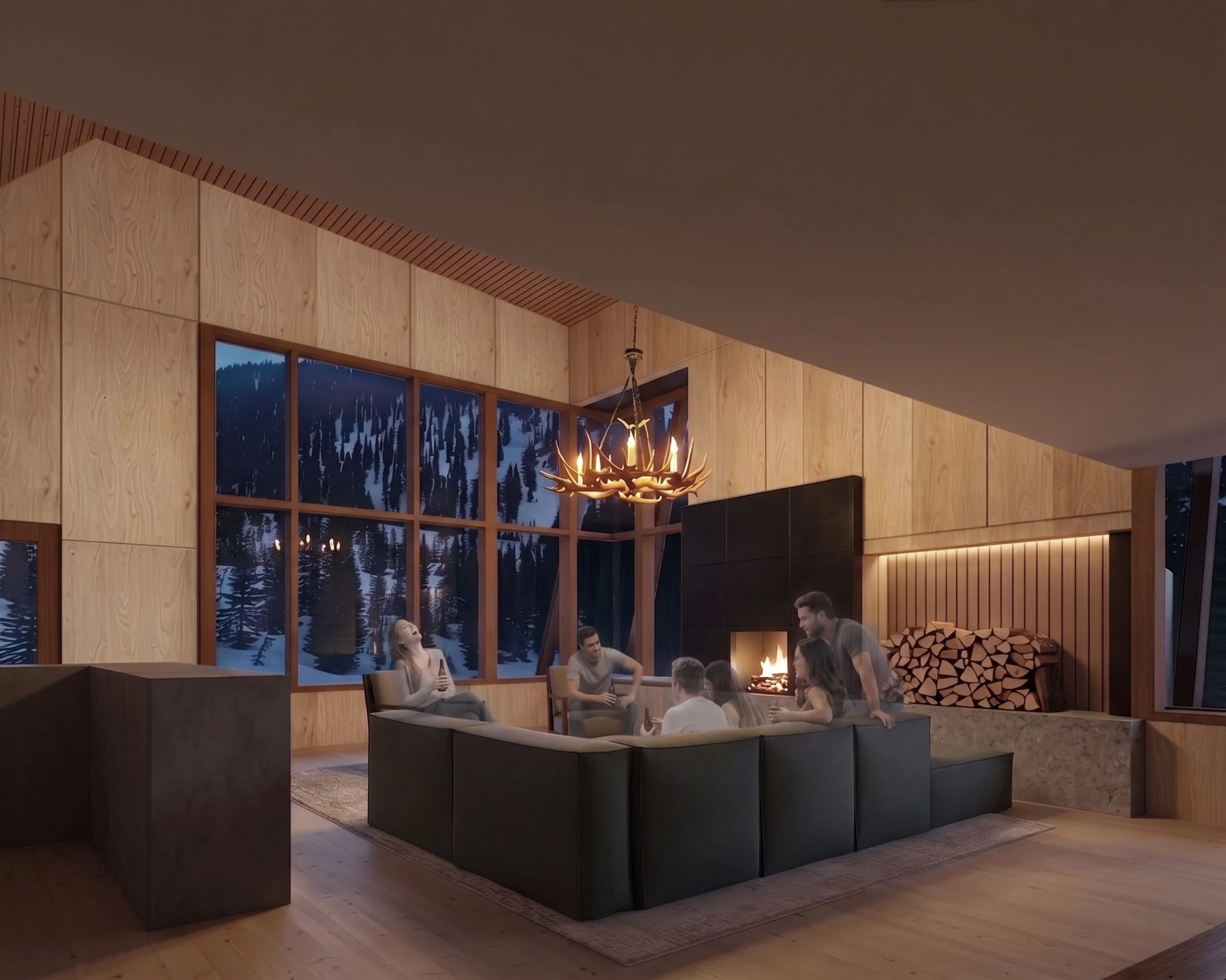 A modern living room with wooden walls, large windows showing a snowy mountain landscape, a chandelier resembling antlers, a fireplace, and several people socializing.