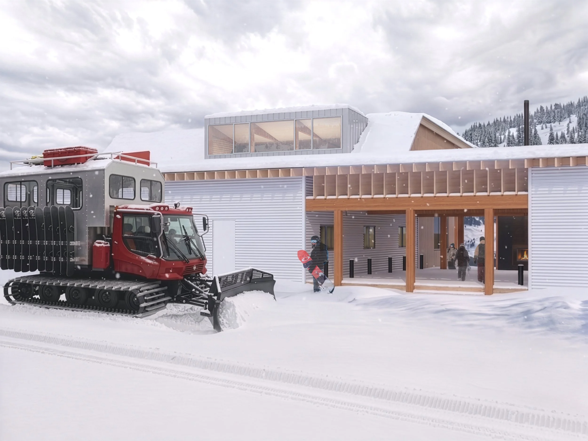 Snow-covered ski resort with a red snowcat vehicle in the foreground and a modern building with large windows and wooden accents above it. Several skiers are near the building, and snowy mountain trees are in the background under an overcast sky.