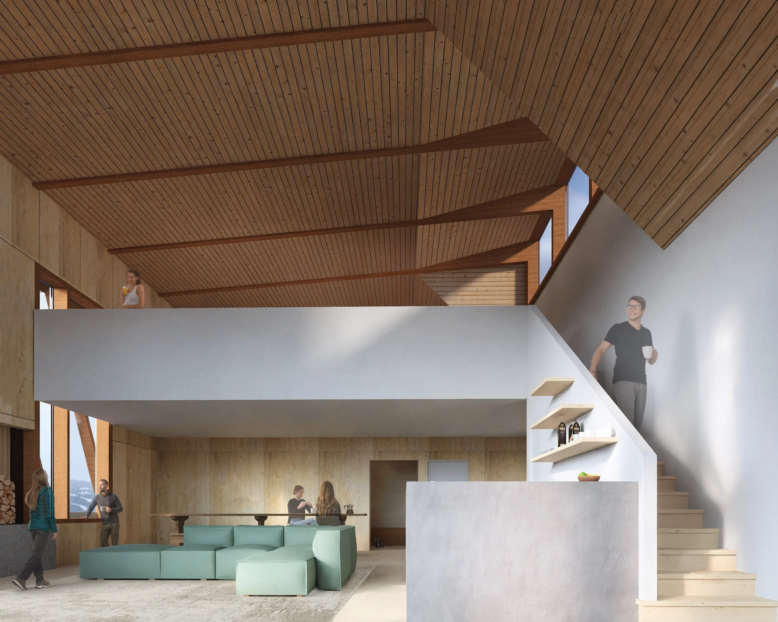 Interior of a modern house with wooden ceiling, white walls, and open spaces. People are standing and engaging in conversation, with a seating area of light green sofas in the foreground and a staircase on the right side.