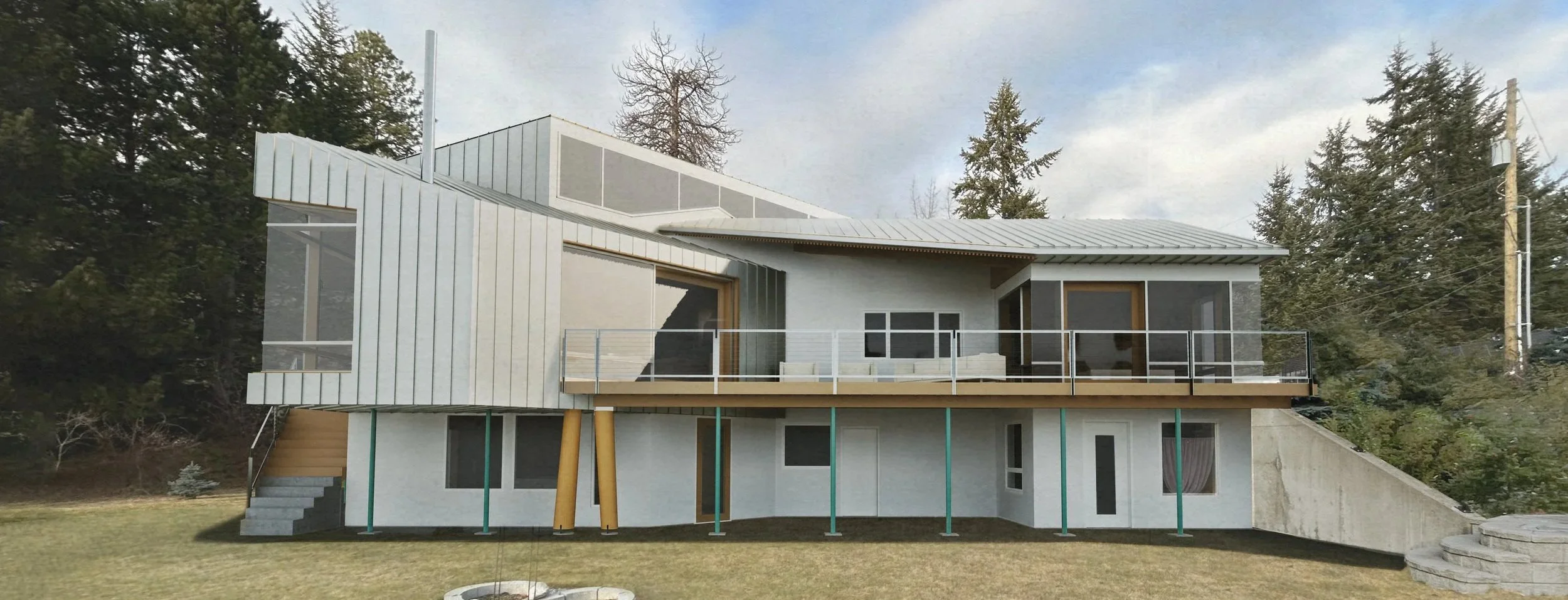 Modern two-story house with a white exterior, large windows, and a spacious balcony on the upper level. The house has a sloped metal roof and is surrounded by trees. The ground level is partially supported by green and wooden columns.