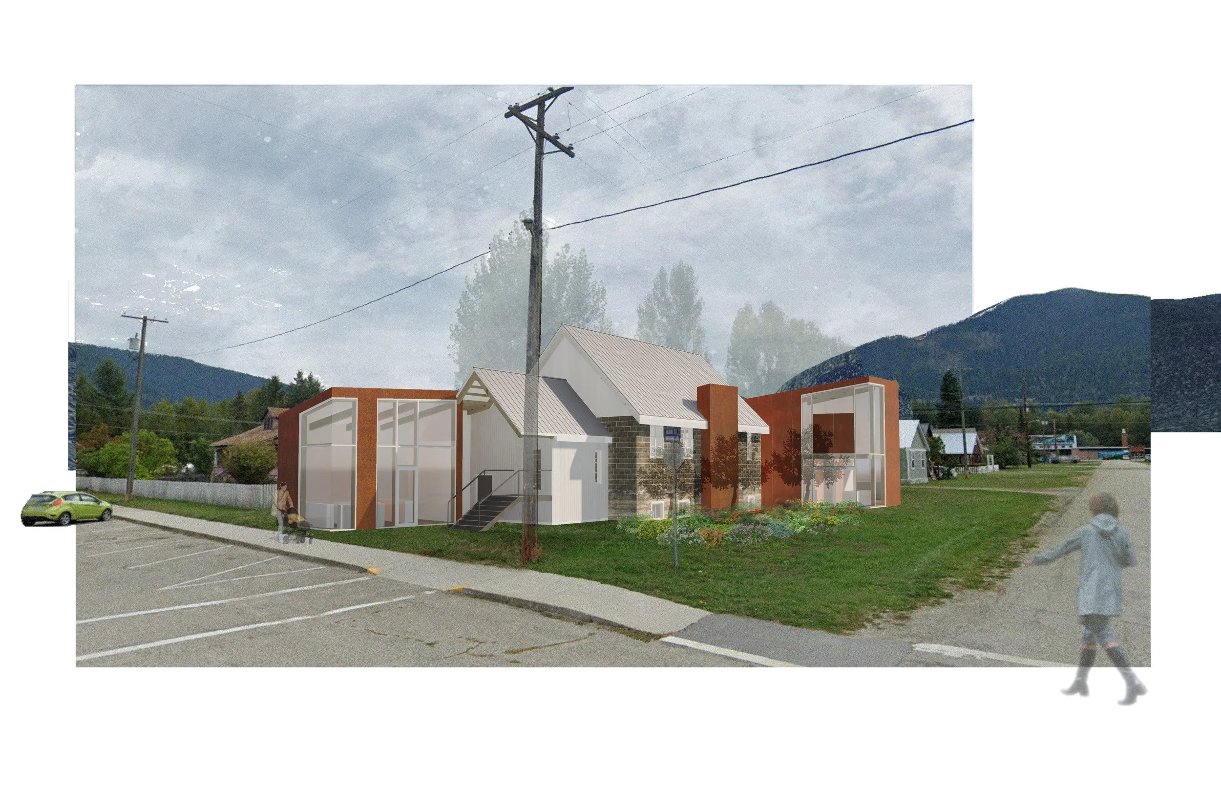 Rendering of retrofitted church building with a mix of traditional and contemporary architectural elements, located in a small town with a parking lot and mountains in the background.