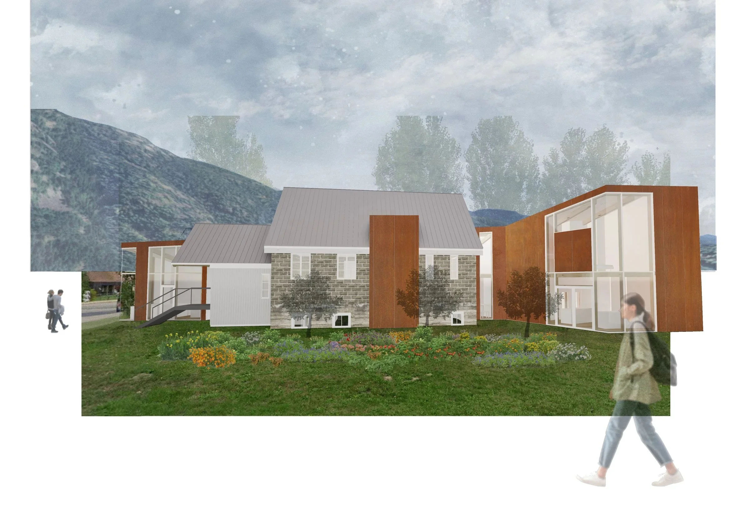 A modern architectural rendering of a building with stone, white siding, and wood accents, surrounded by green grass and flowers, with mountains and trees in the background and people walking nearby.