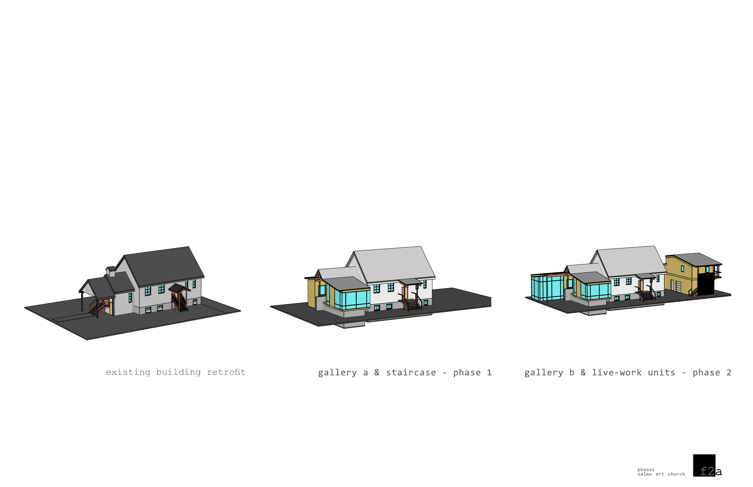 Architectural drawings showing three stages of building upgrades: existing building retrofit, gallery and staircase phase 1, and gallery with live-work units phase 2, with labels outlining each phase.