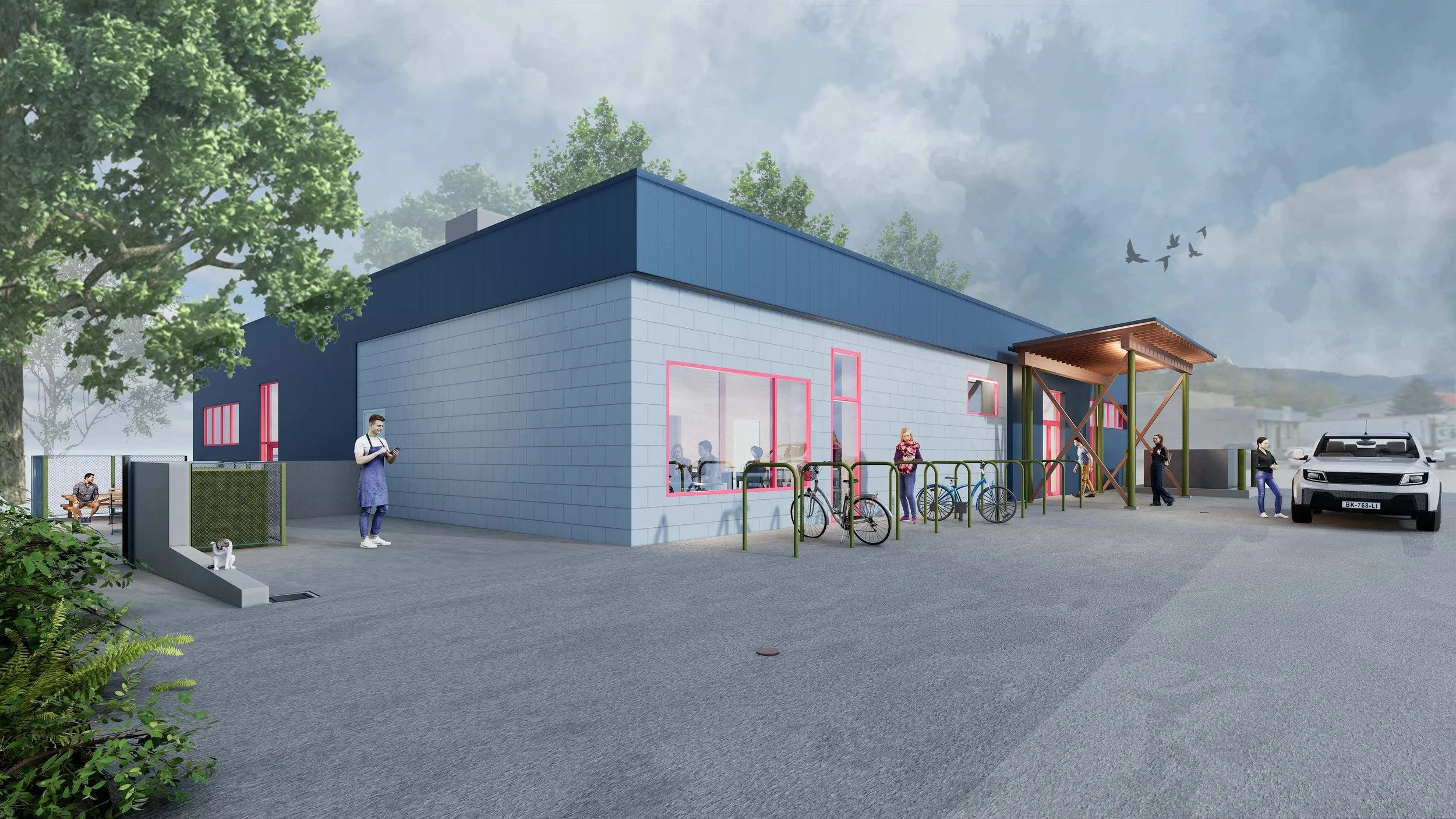 A modern building with a blue roof and pink window frames surrounded by people, bicycles, a car, and trees under a cloudy sky with birds flying.