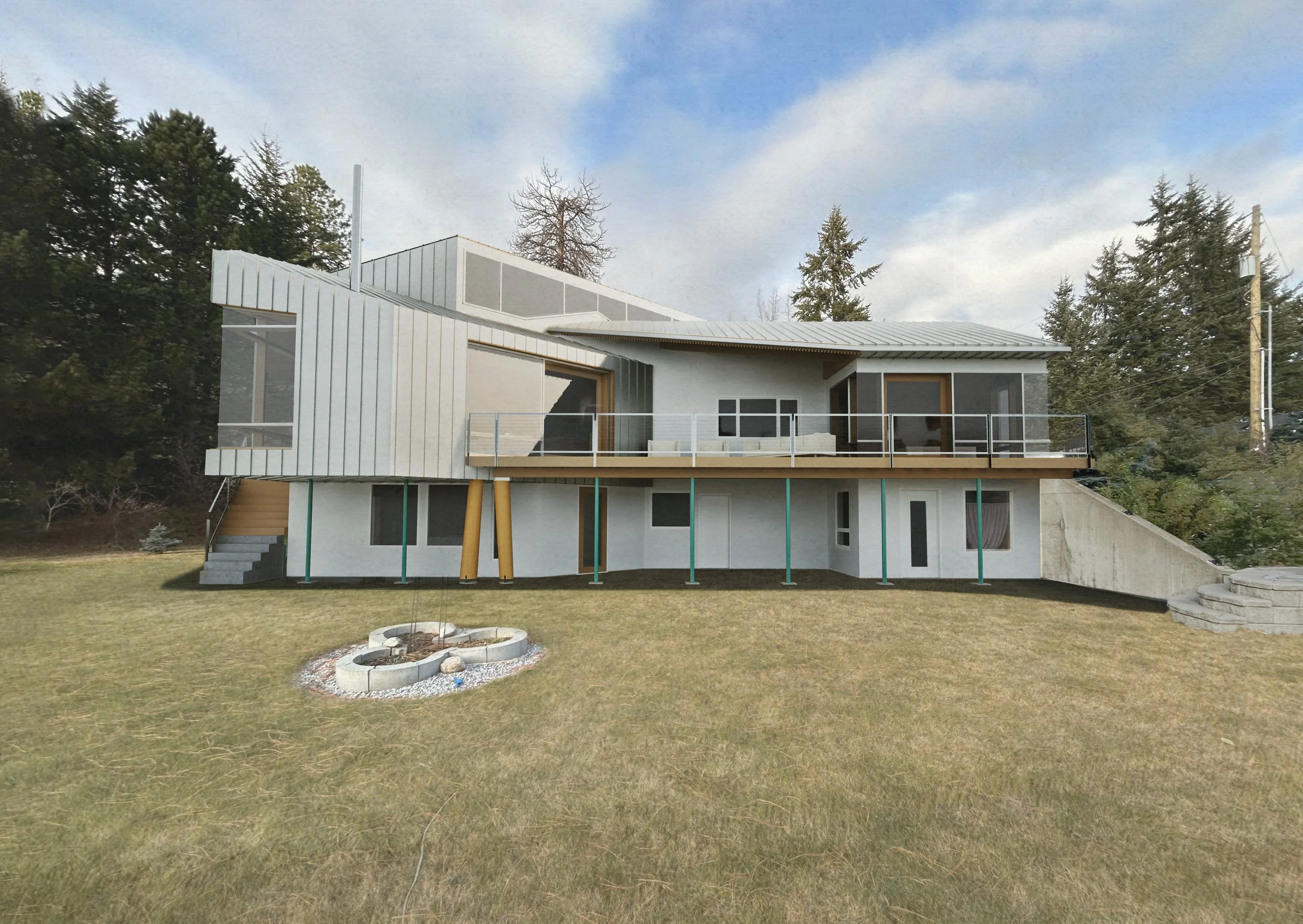 Modern house with metal roofing and large windows, elevated on stilts in a grassy area with trees in the background.