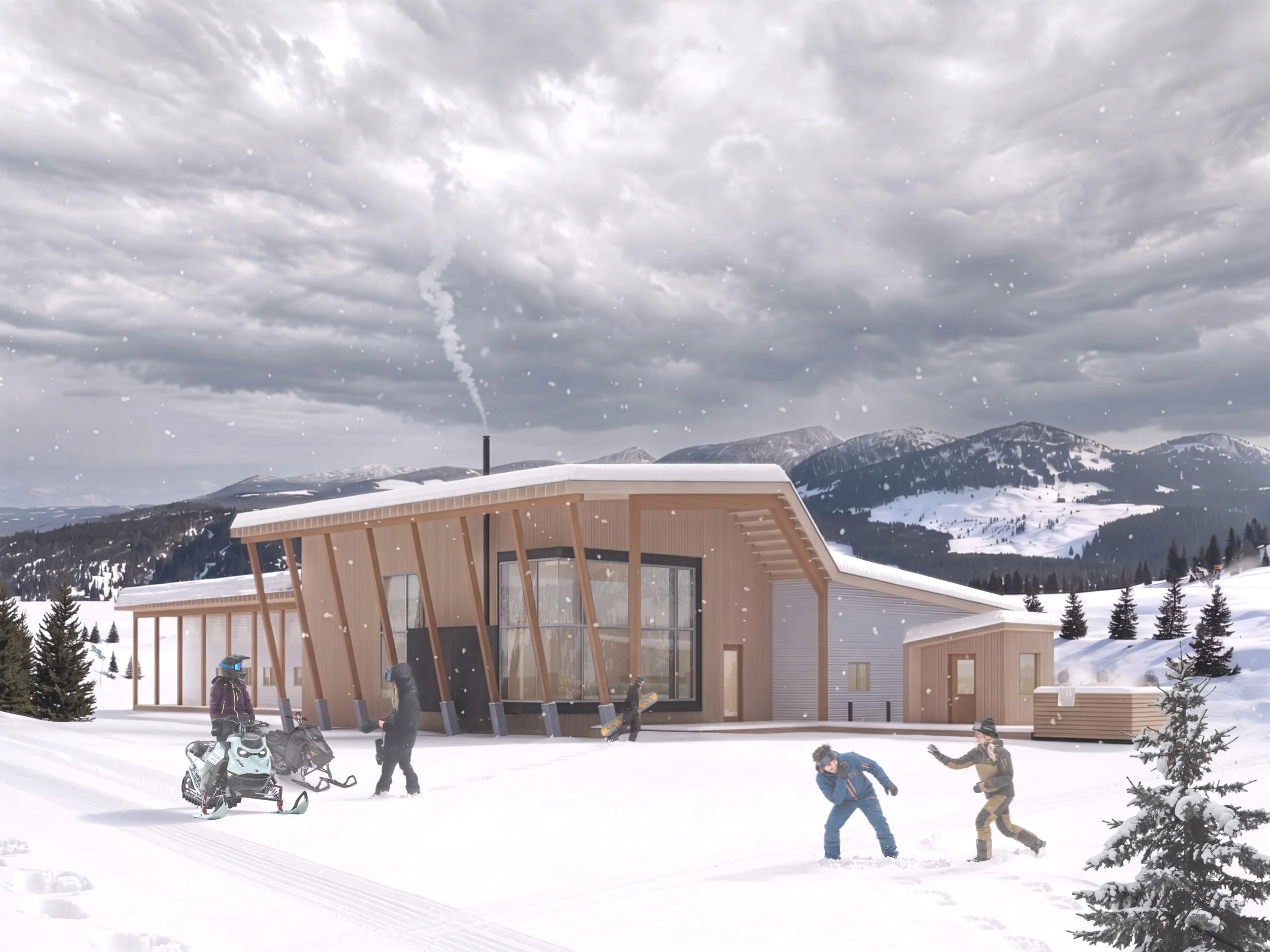 A modern building with wooden beams on its roof, set in a snowy mountain landscape. In front of the building, people are snowboarding and interacting in the snow. Snow-covered mountains and cloudy skies are in the background.