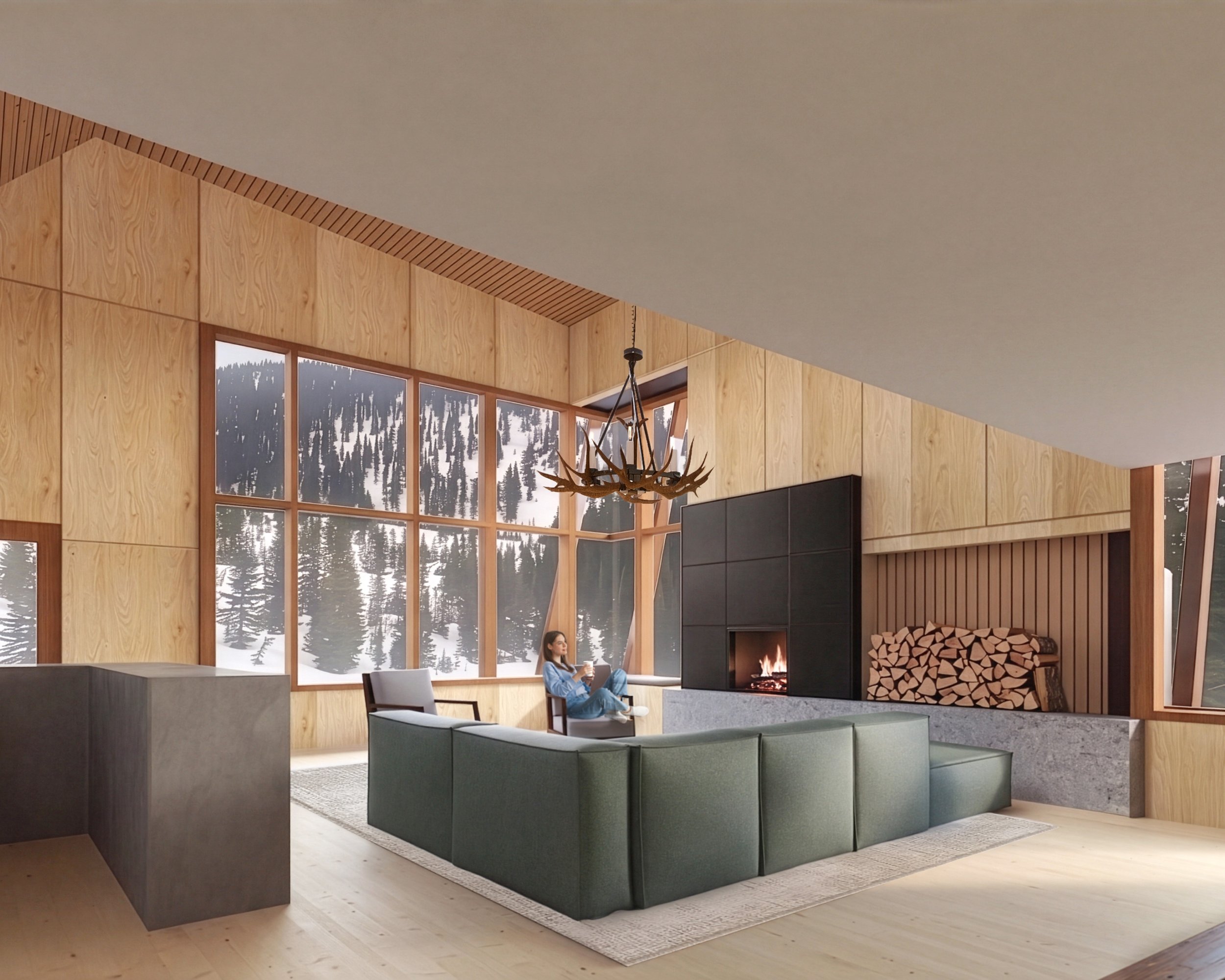 A spacious living room with light wooden walls, large windows showing snow-covered trees outside, and a modern fireplace with stacked firewood nearby. There is a woman sitting on a chair holding a mug, with a large green sofa and a patterned rug on t