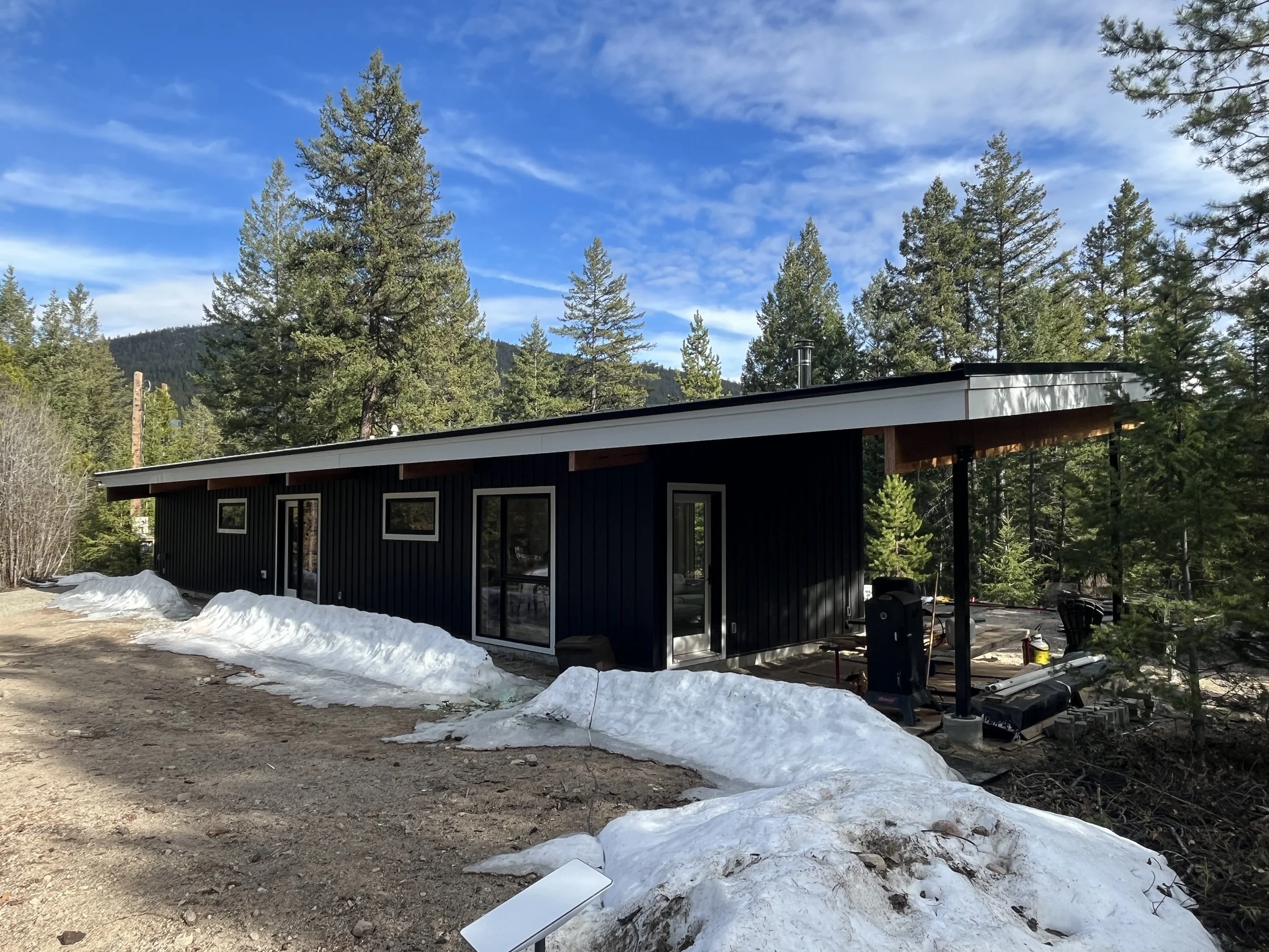 A black modern house surrounded by trees, with snow piles in the yard and a blue sky with wispy clouds overhead.