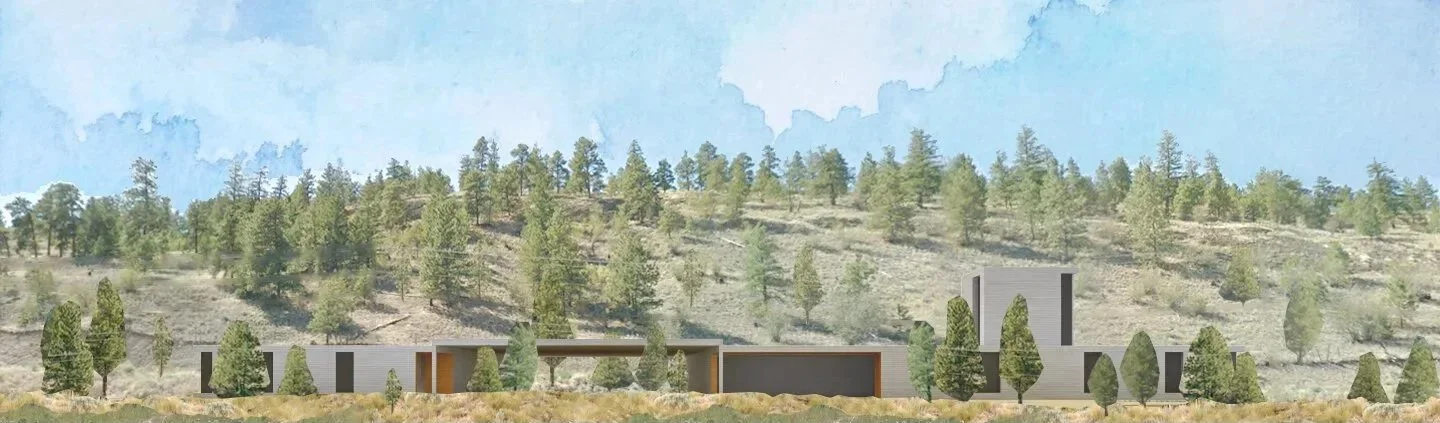 A landscape painting of a modern building complex with gray structures and orange accents, surrounded by trees and set against a hillside with scattered trees under a partly cloudy sky.