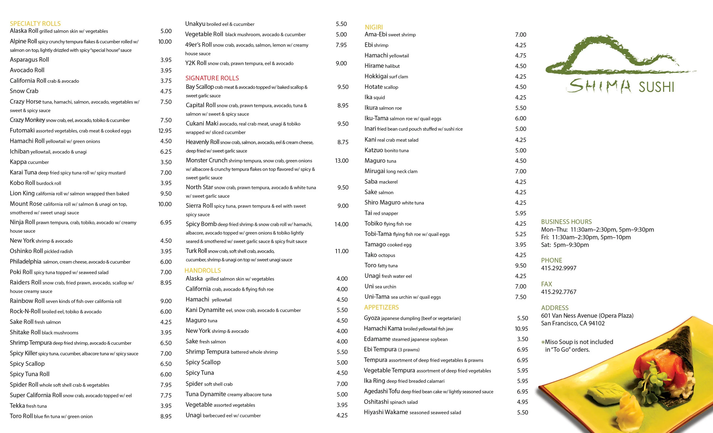 Shima Sushi: Take-out Menu