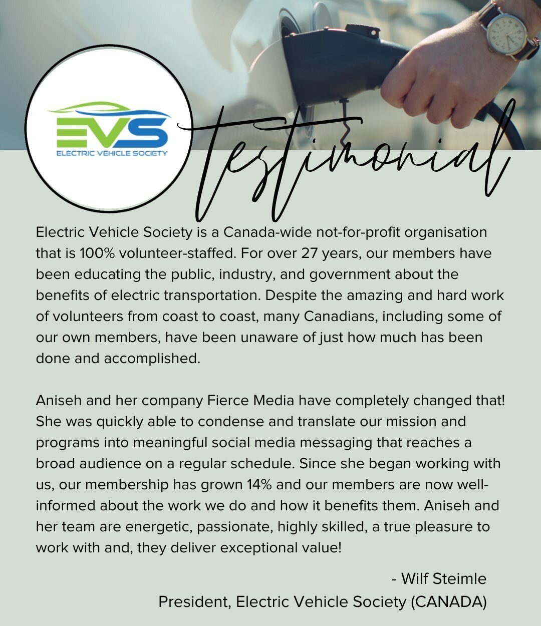 Thank you for the kind words, Wilf! At Fierce Media we are dedicated to supporting meaningful organizations like the Electric Vehicle Society and spreading awareness about the importance of sustainable transportation. 

We are honored that you chose 