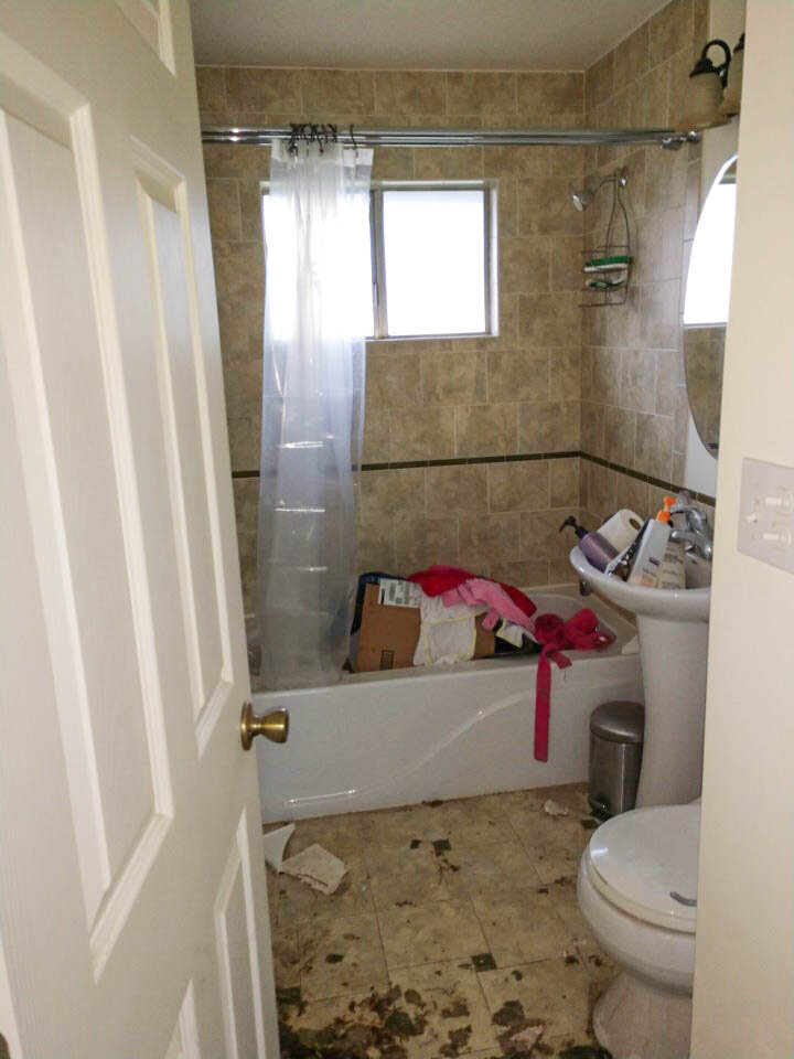 The bathroom floor, walls, tub, sink, and toilet sustained significant damage.