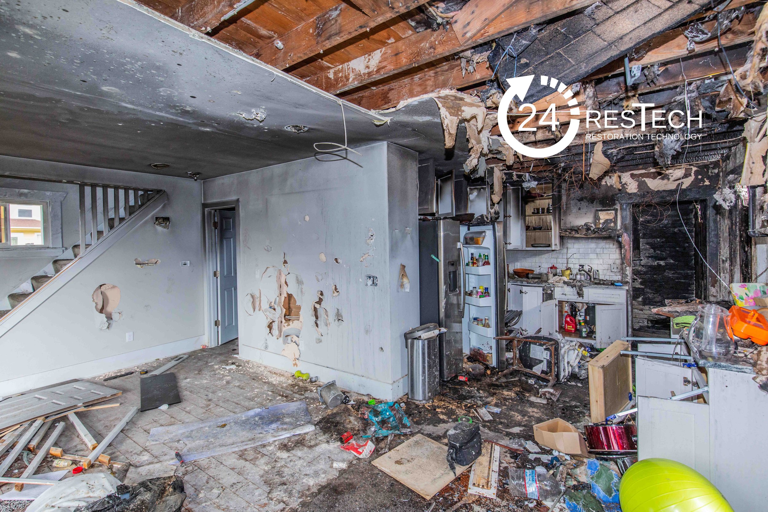 24ResTech's Fire Damage Restoration Project - Living Room and Kitchen Restoration, Smoke Clean-Up and Removal, Abatement