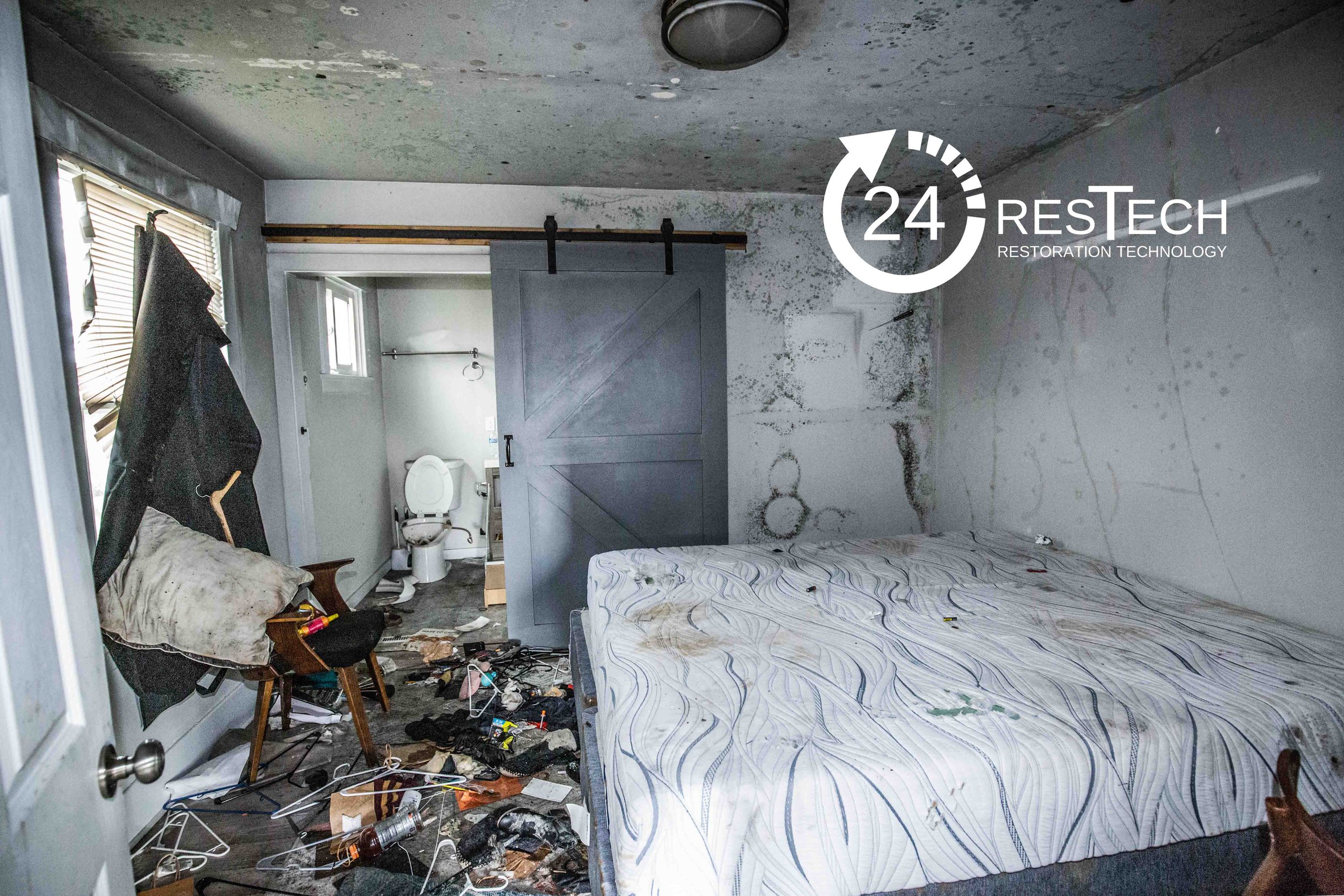 24ResTech's Fire Damage Restoration Project - Bedroom and Bathroom Restoration, Smoke Removal, Pack-Out Services
