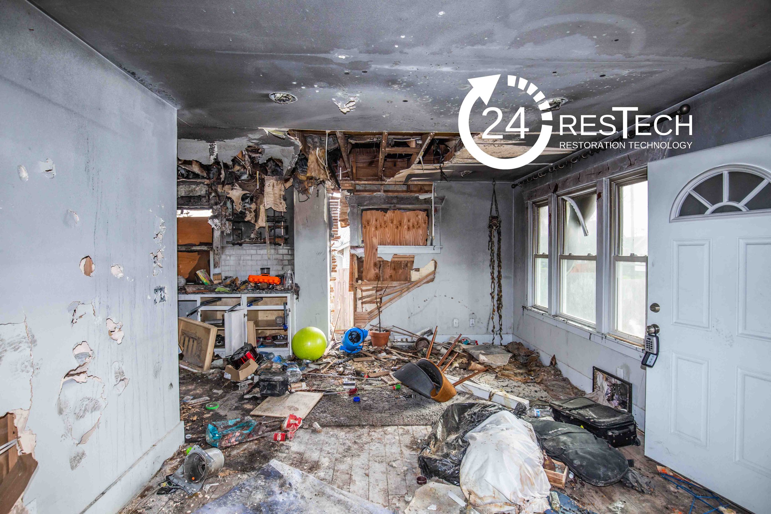 24ResTech's Fire Damage Restoration Project - Living Room Restoration, Smoke Clean-Up and Removal