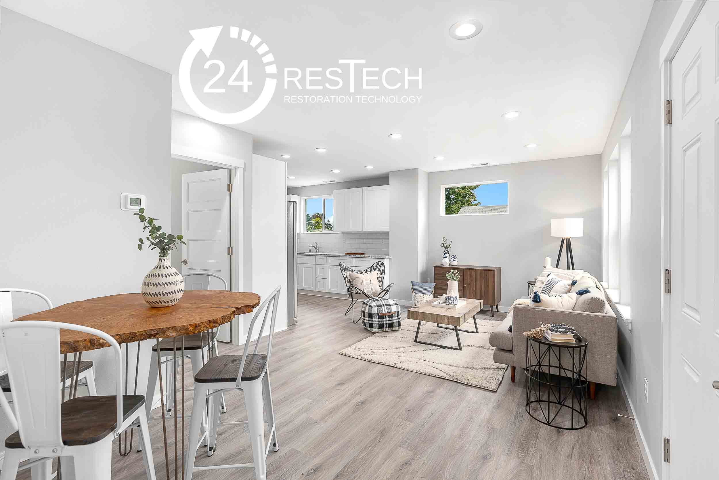  It’s true that a hole in the wall is not necessary to create an “easy, breezy” vibe in your primary living space! 24ResTech’s fire damage restoration specialists built-out a living room complete with new paint, recessed lighting, walls, layout, floo
