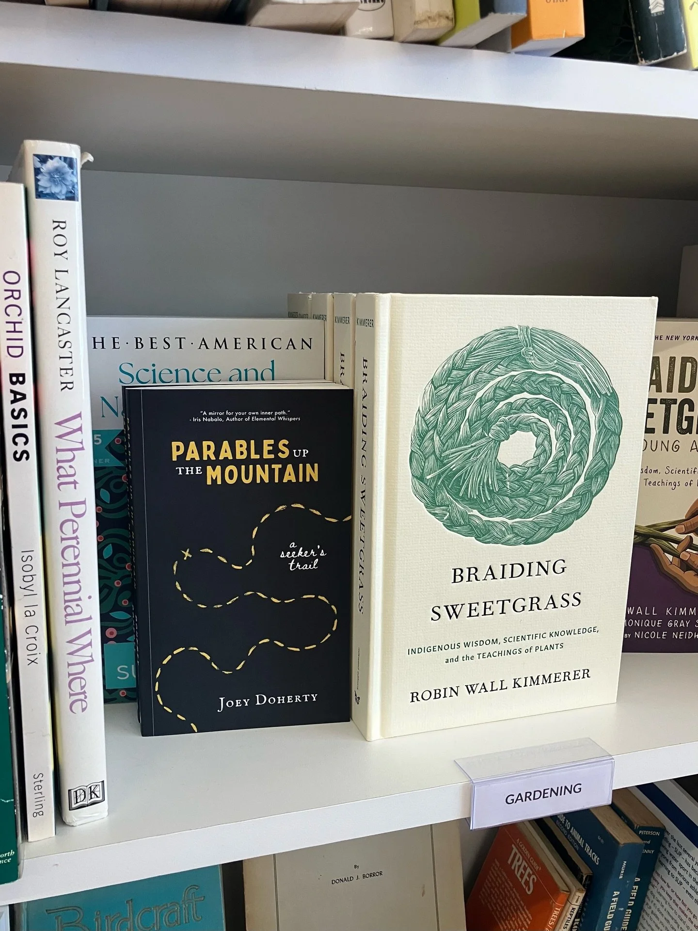 Pretty dang cool to see my novella next to @robinwallkimmerer's masterpiece, Braiding Sweetgrass. 

Parables Up the Mountain has hit the shelves of two more central Ohio bookstores, @clintonvillebooks and @dragonflybookshop, just in time for the Colu