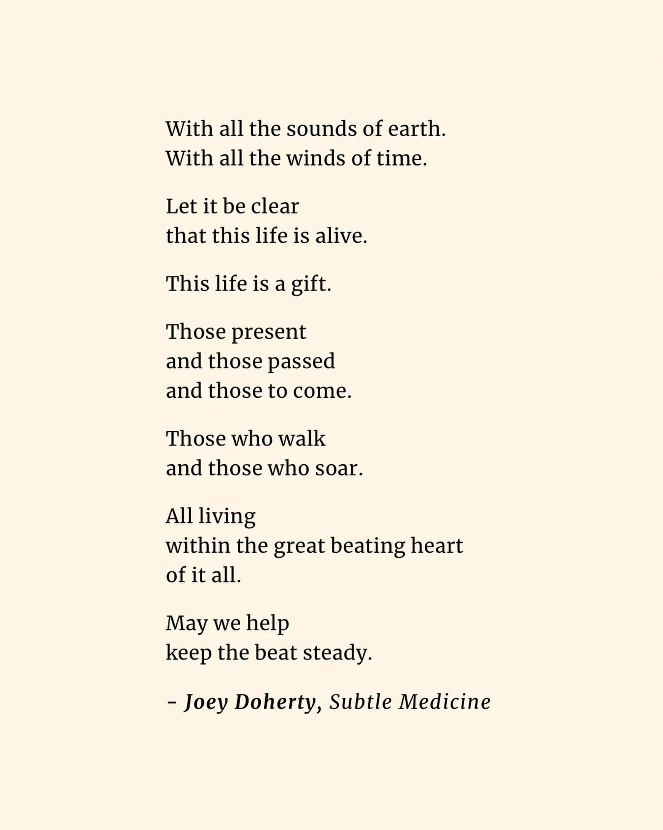 Page 92 from Subtle Medicine 🪨🫀

~ ~ ~ 

With all the sounds of earth.
With all the winds of time.

Let it be clear that this life is alive.

This life is a gift.

Those present and those passed and those to come.

Those who walk and those who soar
