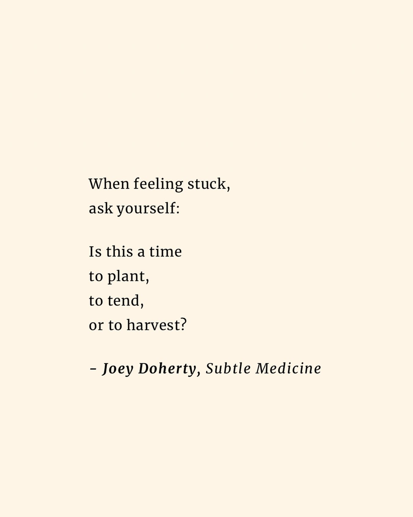 Page 89 from Subtle Medicine 🌱

When feeling stuck,
ask yourself:

Is this a time
to plant,
to tend,
or to harvest?