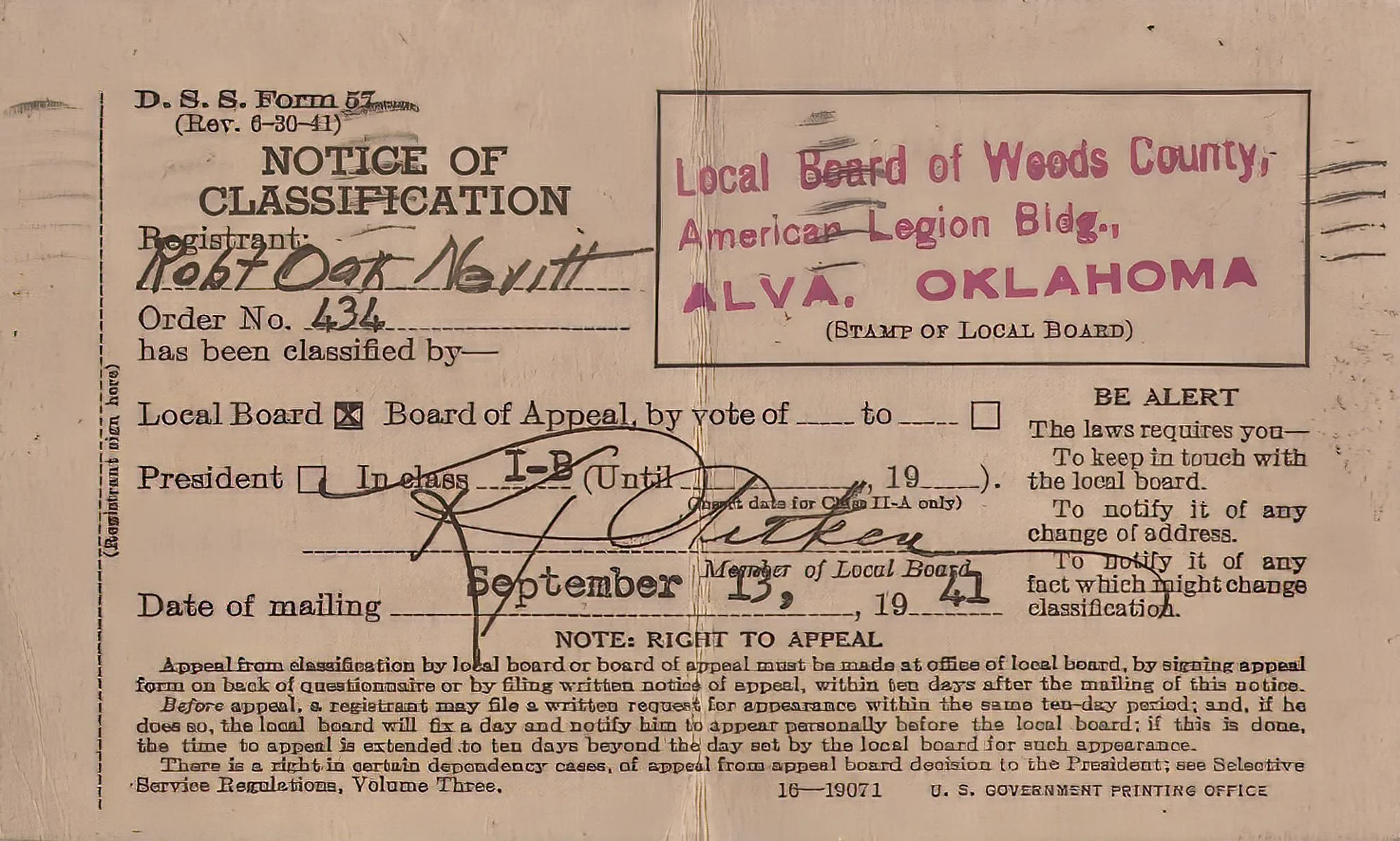 Robert Oak Nevitt - draft card