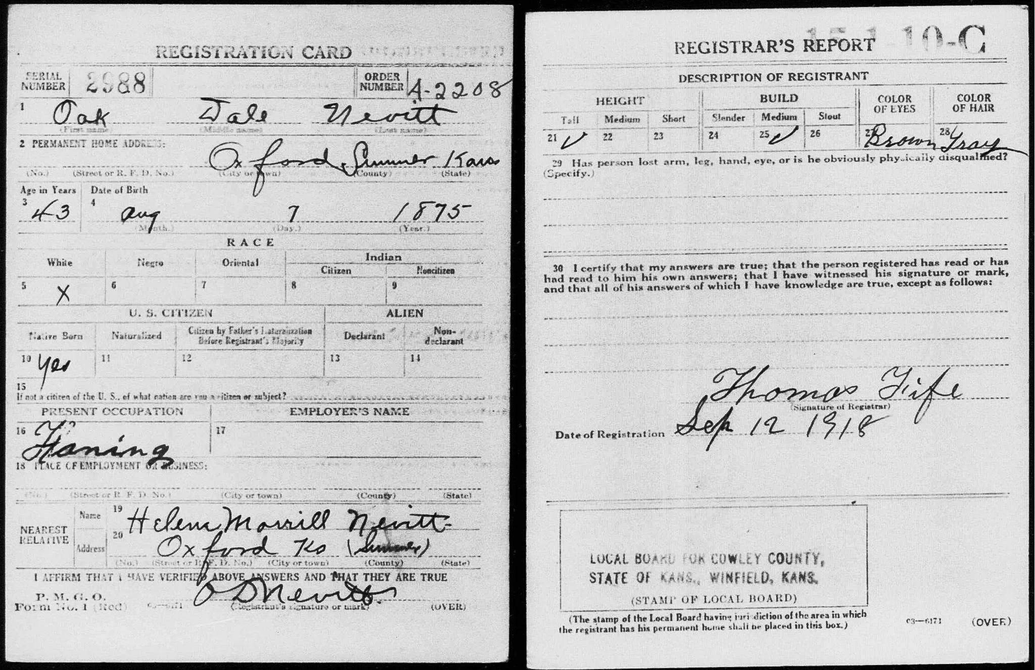 Oak Dale Nevitt - draft registration card