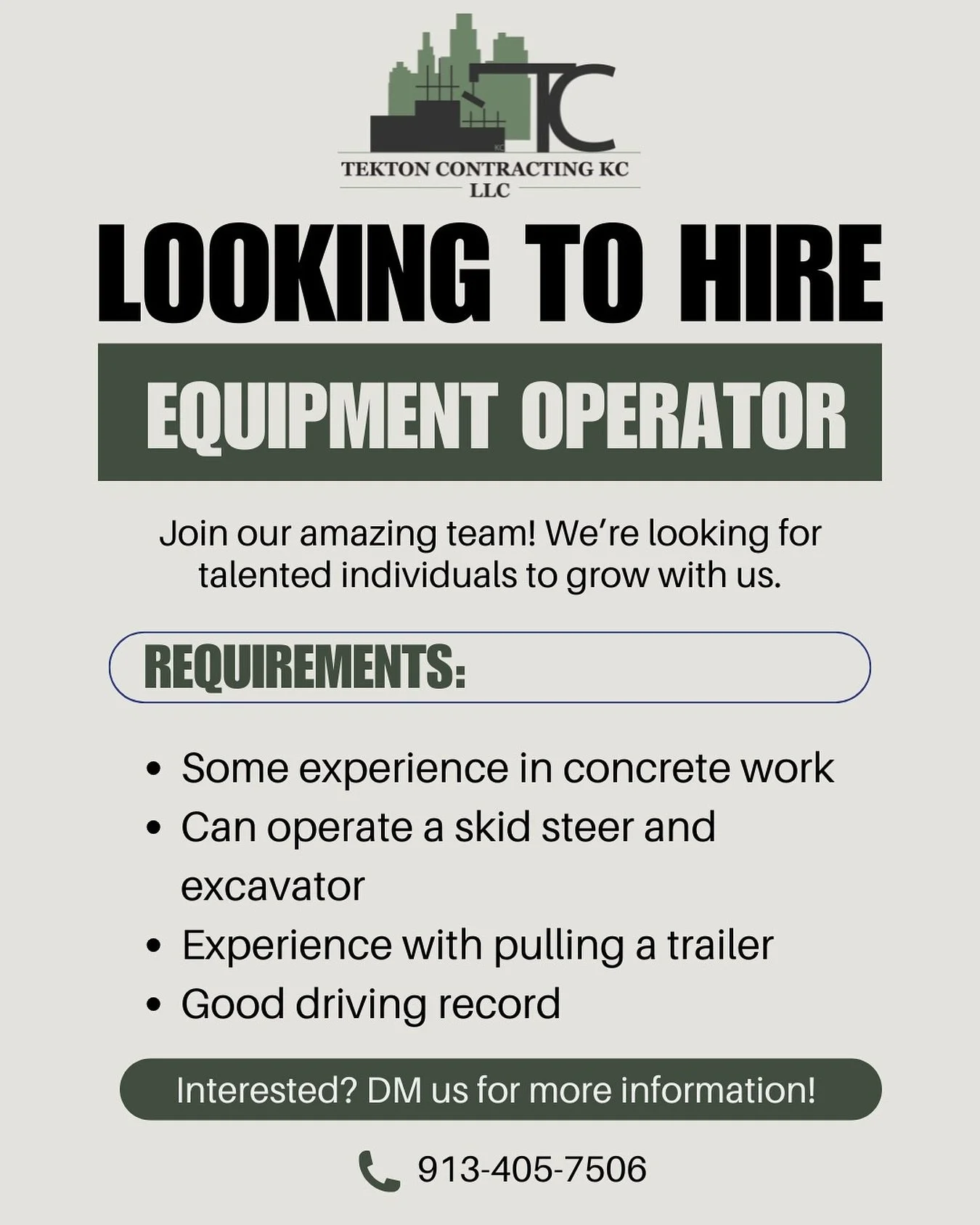 Looking to hire someone to be our equipment operator!
Skill required: operating a skid steer and excavator, accustomed to driving trucks and trailers, and some prior experience with concrete. Please call or DM us for more information! 
.
.
.
#nowhiri